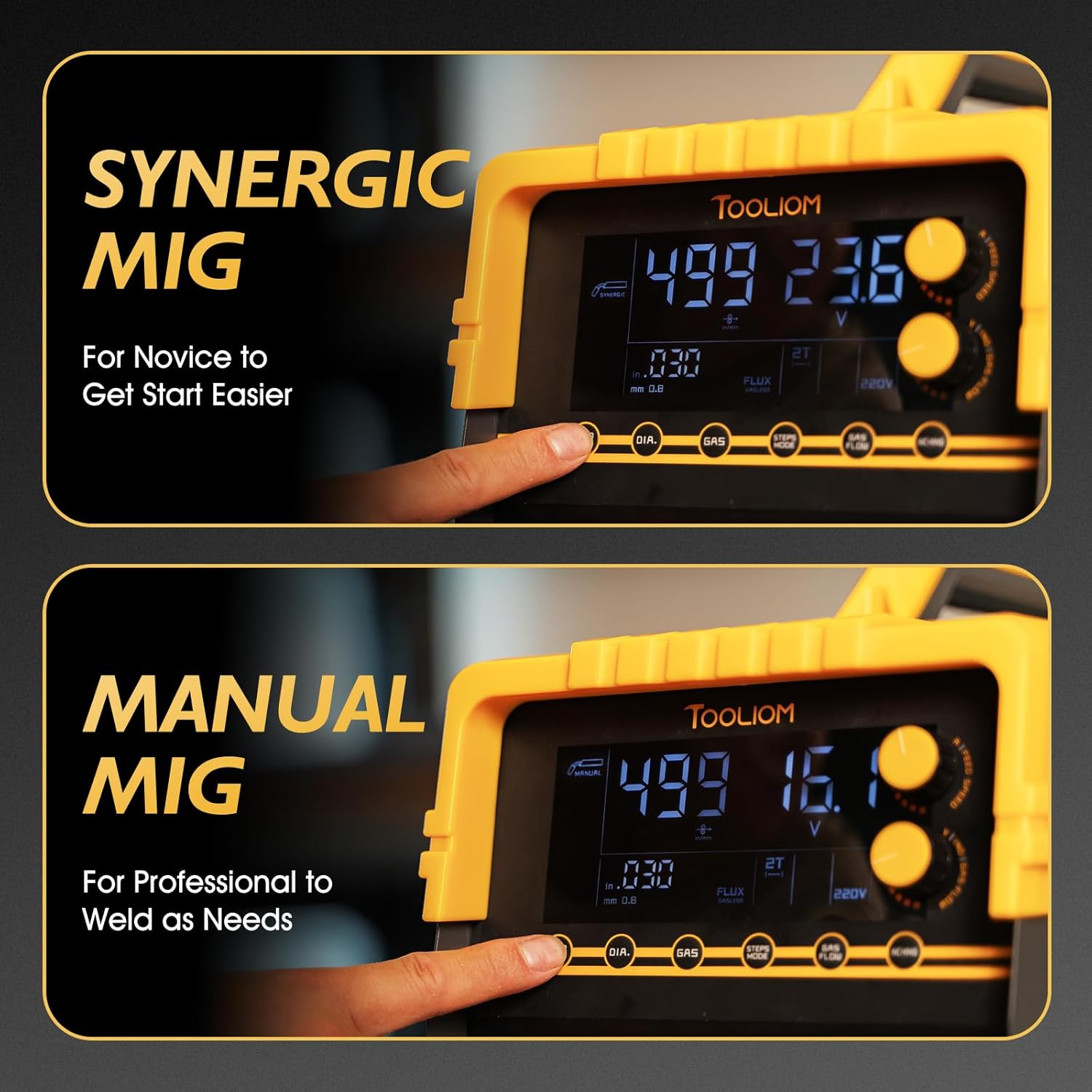Synergic and Manual MIG settings on the welder