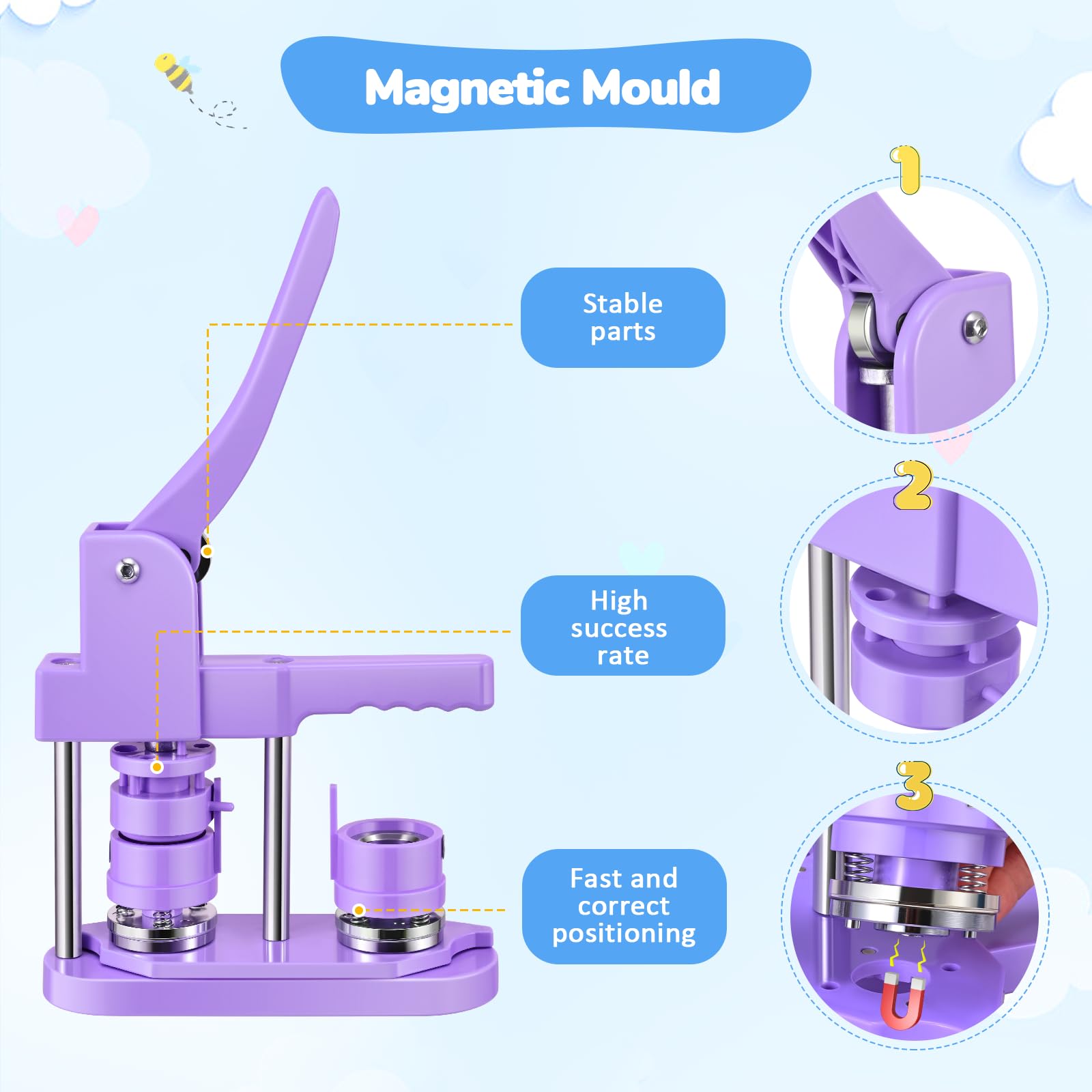 Machine à Badges de 25+32+58 mm, Button Maker 300 Ensembles de Badges en Plastique, Zimiking Machine de Pressage de Badges avec 10 Décapsuleurs, 10 Porte-clés, Moules et Découpe-Papiers Ronds (Violet)