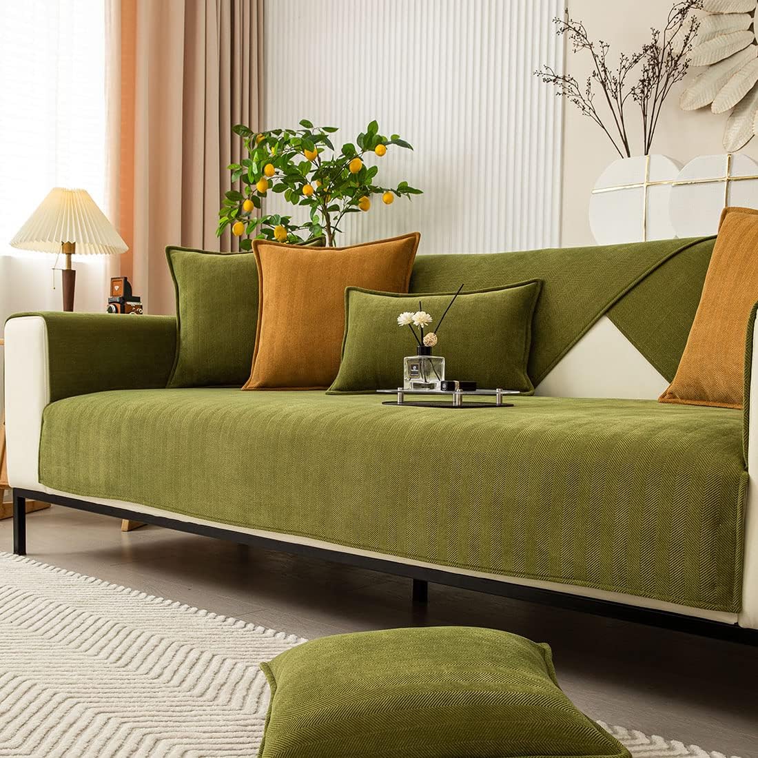 vctops Farmhouse Chevron Stripe Sofa Slipcover Furniture Protector Solid Color Sectional Couch Cover Non Slip Soft Sofa Cover for Dogs, Cats, Children, Pets (Army Green,43"x94")