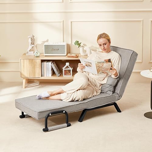Miniatura 2 de Sillón Cama Convertible, Sillón Tri-plegable Tapizado con Almohada, Sofá Chaise Lounge Plegable de Ocio, Respaldo Ajustable de 6 Ángulos Cama