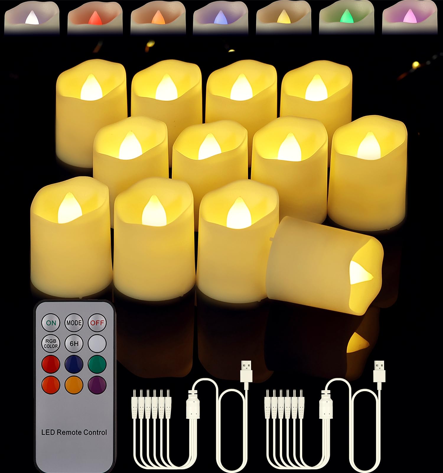 Porashine Rechargeable Tea Lights 12/6 Pieces LED Candles Flickering Warm White/RGB with Remote Control Timer USB Cable 3D Flameless for Home Room Table Halloween Christmas Decoration (RGB)