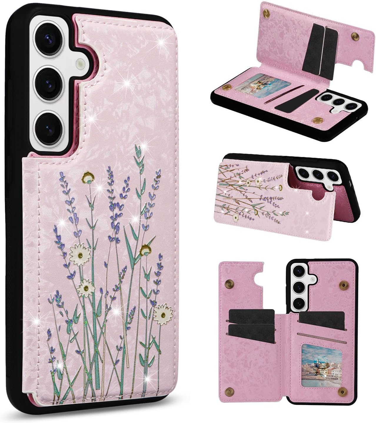 UEEBAI Wallet Case for Samsung Galaxy S25 5G with Card Holders, PU Leather Cover Kickstand RFID Blocking Double Magnetic Clasp Rilievo Flower Shockproof Flip Case for Women Girls - Pansy