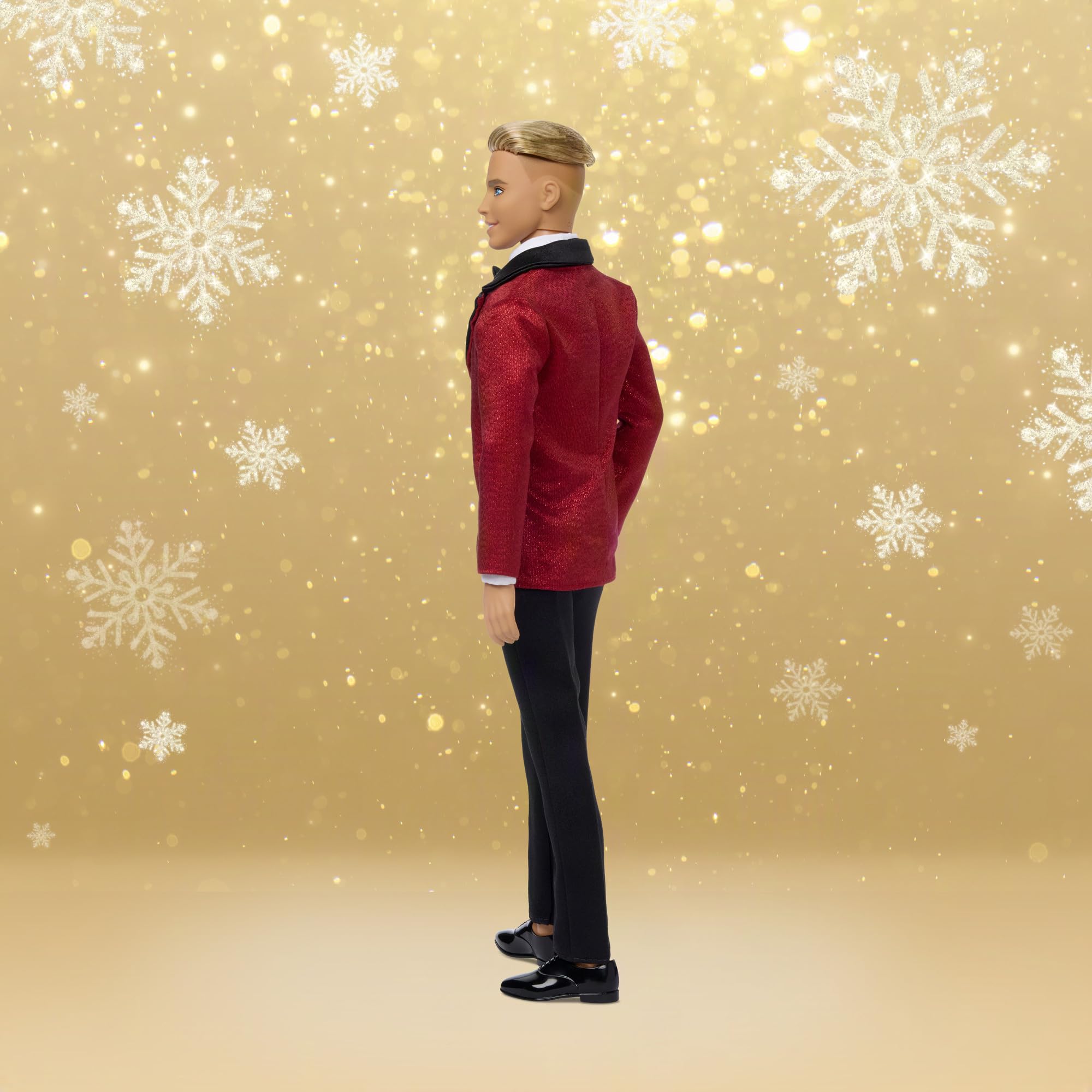 Barbie Signature 2026 Holiday Blonder Ken | Modepuppe zum Sammeln in komplettem Anzug mit roter Jacke in einer Verpackung zum Ausstellen und mit Puppenständer, JJX87