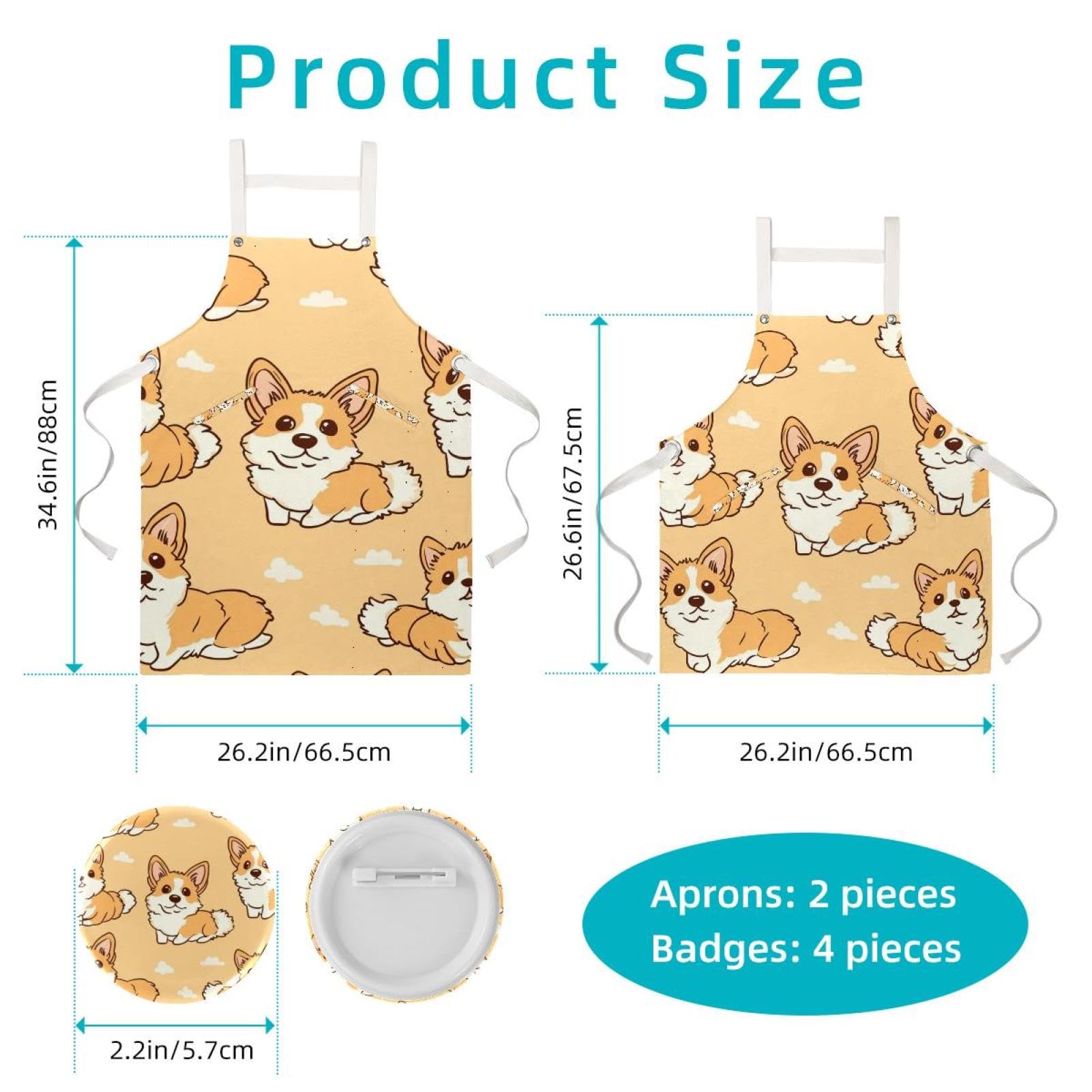 Lot de 2 tabliers de cuisine doux et réglables avec 2 grandes poches pour homme et femme Motif chien Corgi, Chien Corgi mignon dessin animé, L:26.2x34.6in/66.5x88cm;M:26.2x26.6in/66.5x67.5cm