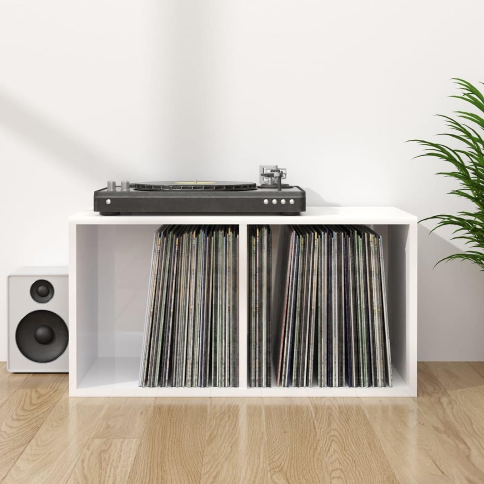 Caja de Almacenamiento para Discos de Vinilo - 2 Compartimentos, Blanco Brillante, 71 x 34 x 36 cm, Madera Contrachapada