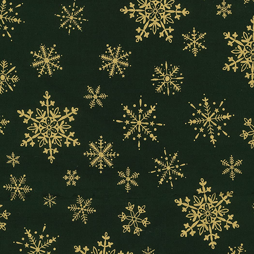Christmas Fabric - Gold Snowflakes on Green - Xmas Craft Fabric Material Metre