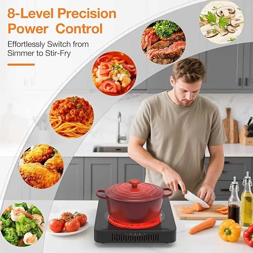 Miniatura 4 de Estufa eléctrica única de 1800w Quemadores eléctricos de 14 pulgadas para cocinar - Estufa de cocina y encimera con temporizador, 8 niveles de