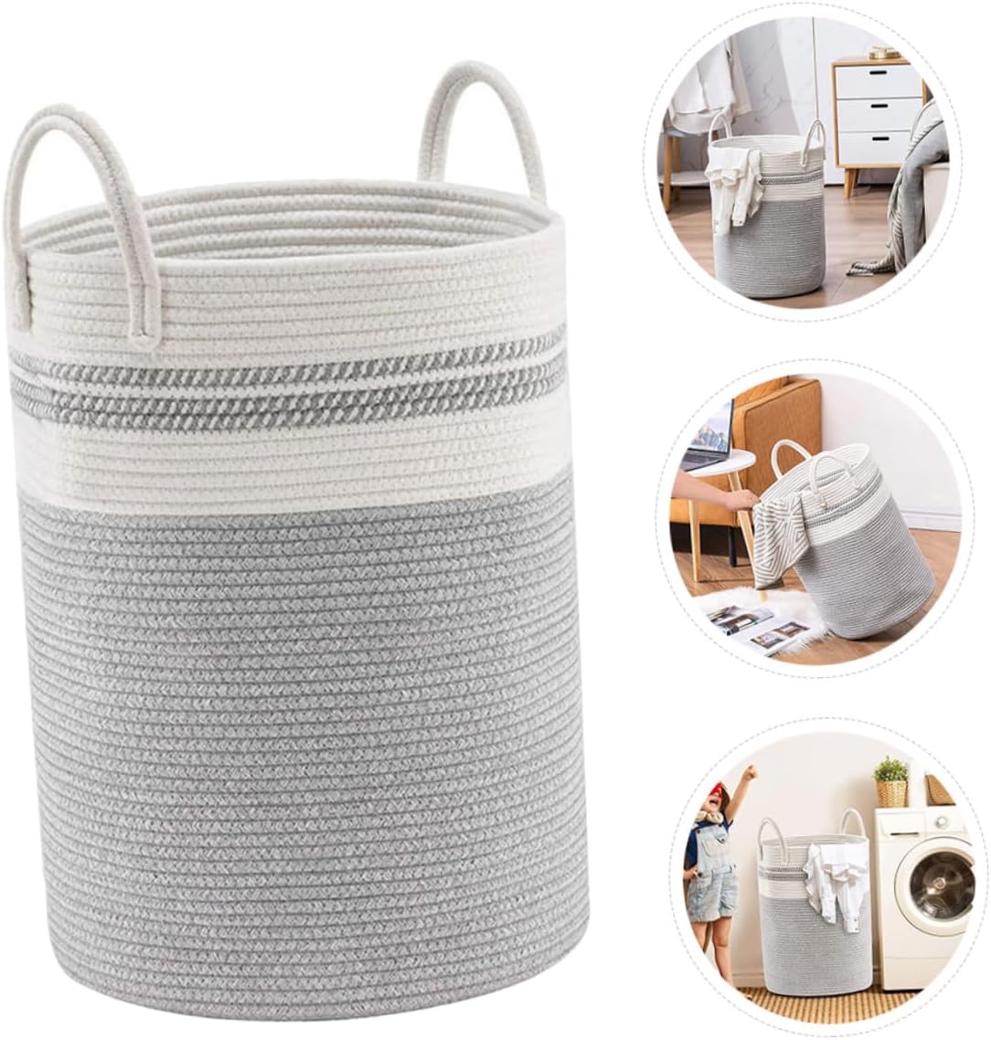 ibasenice Woven Cotton Rope Laundry Basket, Gray and White Straight Cylinder 38x50cm, Handmade Multipurpose Storage Bin for Laundry Room and Bedroom Organization