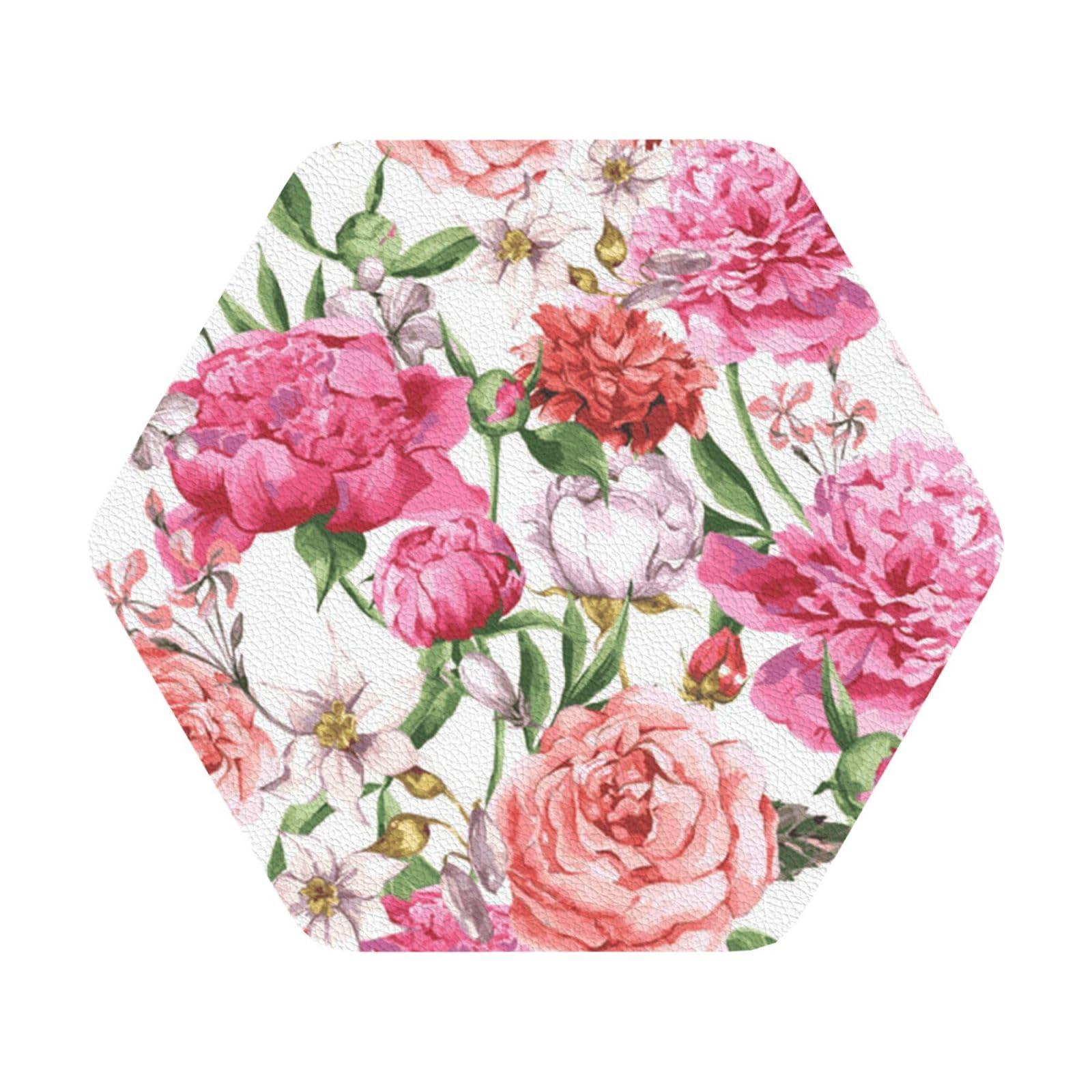 Garden Peony PU Leather Coasters Set of 6 Hexagon Drink Coasters