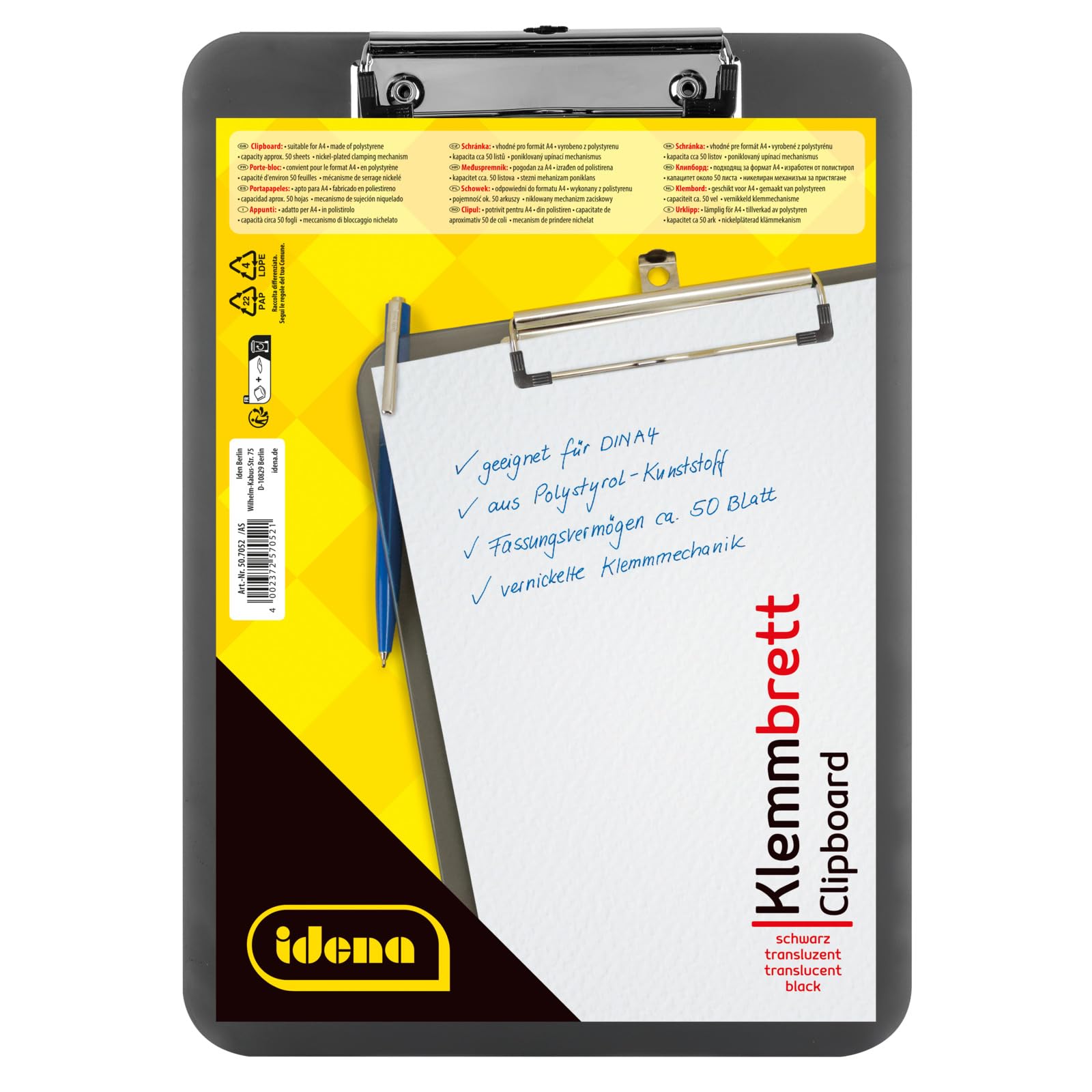 IDENA 507052 Clipboard for DIN A4 Nickel-Plated Clip, Translucent Black