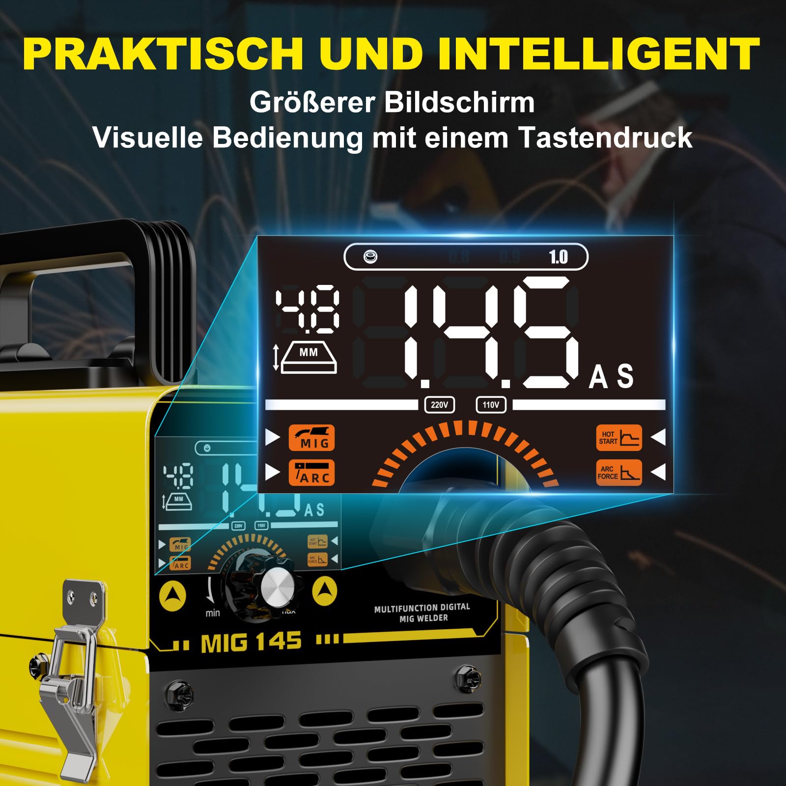 Haxiaoer 145A 3-In-1 Fülldraht Schweißgerät Ohne Gas,LED Licht | 3-In-1, ARC/Flux MIG/MMA Lift WIG - Funktion,Kompakt Inverter Schweißgerät,Synergischer Drahtvorschub