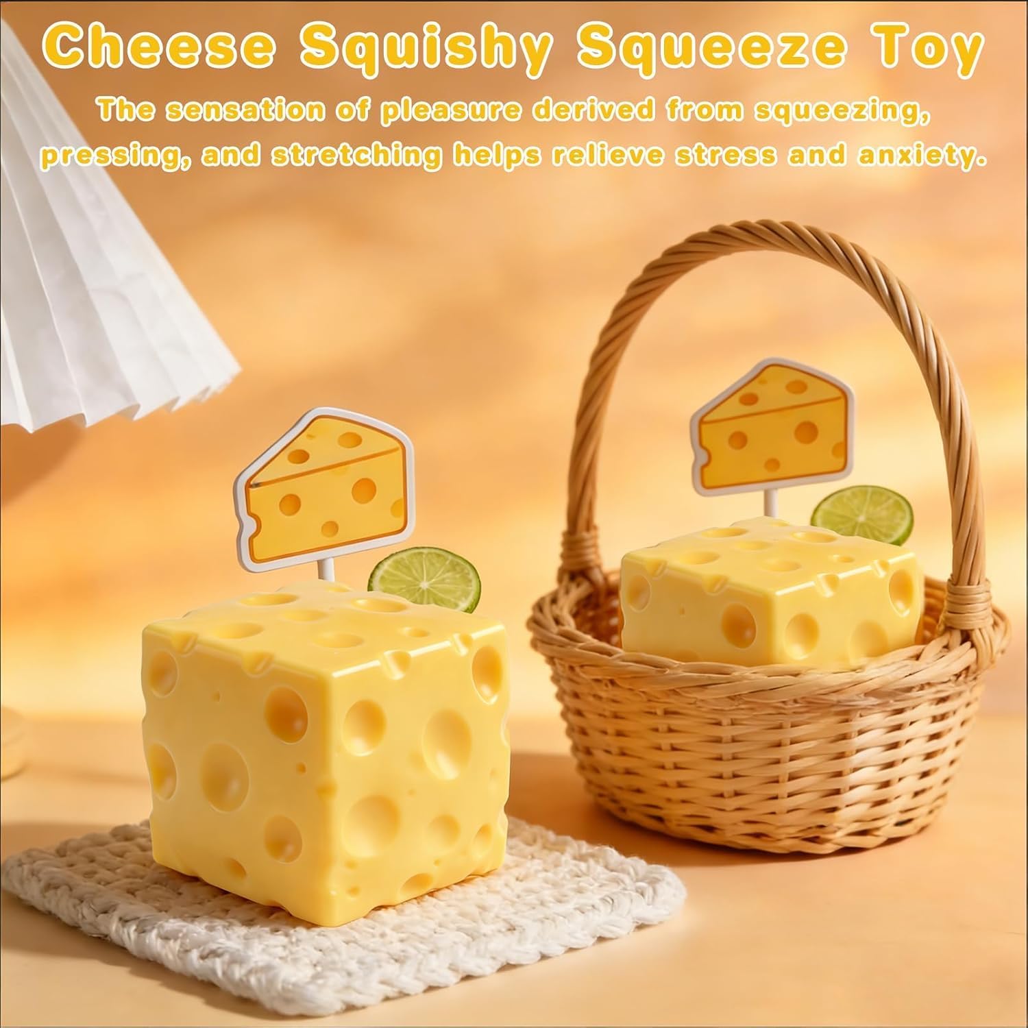 2Pcs Cheese Squishy Toys, Slow Rising Fidget Toys Stress Relief Cheese Block Squishy Balls for Adults