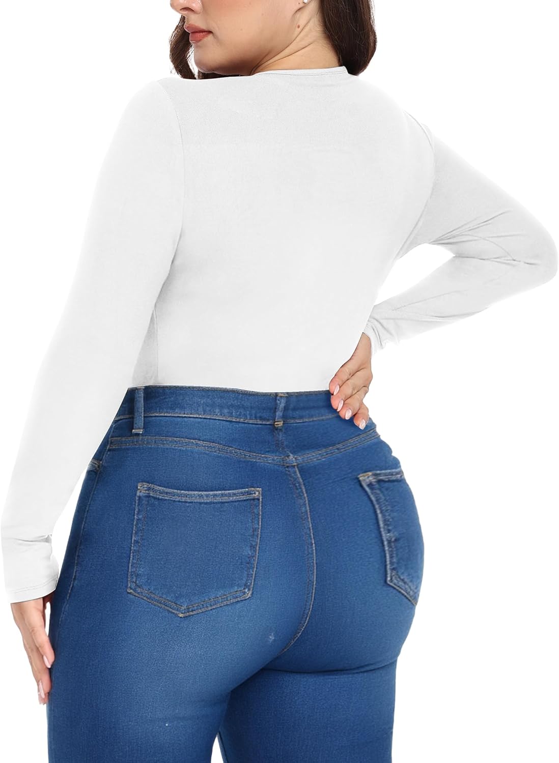 FOREYOND Plus Size Bodysuits for Women Long Sleeve Scoop Neck Body Suit Tops Casual Slim Fit Basic Leotards Shirts - Image 2