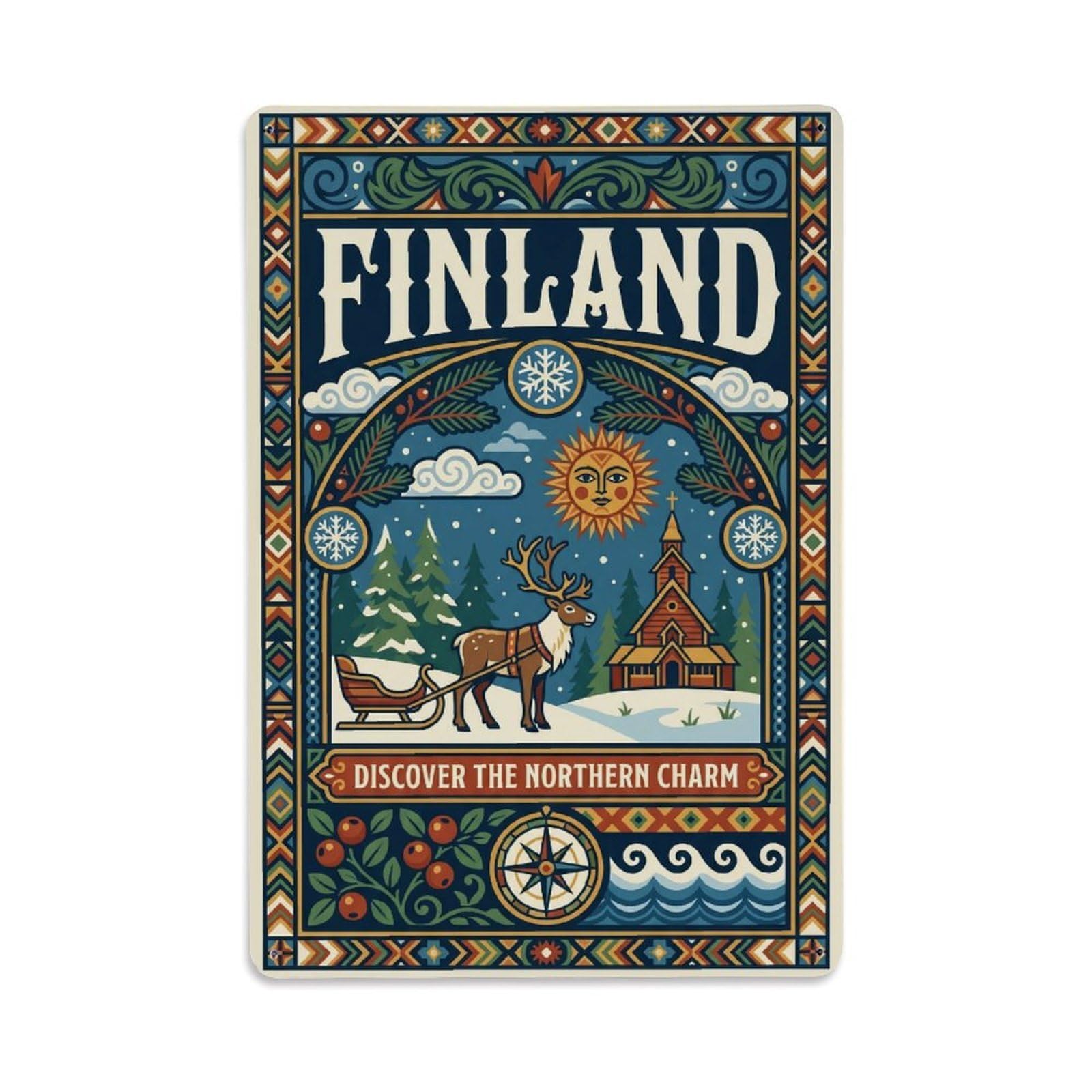 Olhnbad Style Finland Midnight Sun Folk Pattern Travel Metal Tin Sign
