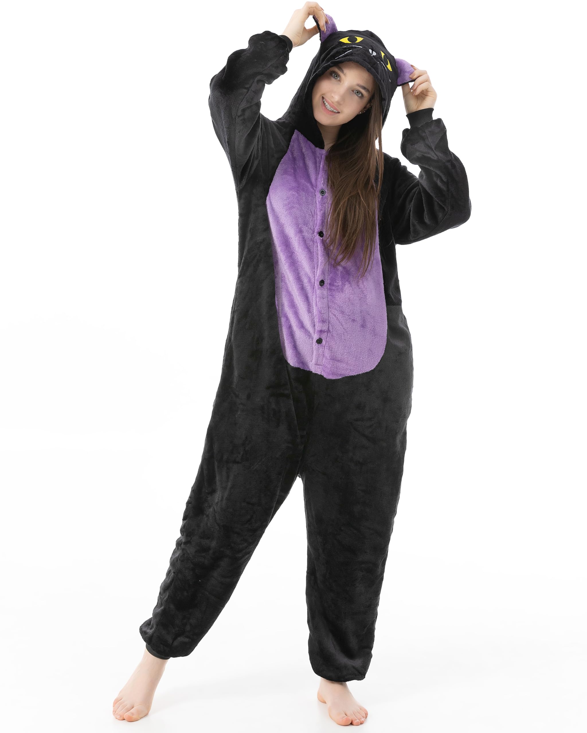 Katara 1744 Kigurumi Pigiama Onesie Costume Animale Carnevale Party Festa Cosplay Monopezzo, Gatto Nero - Taglia L