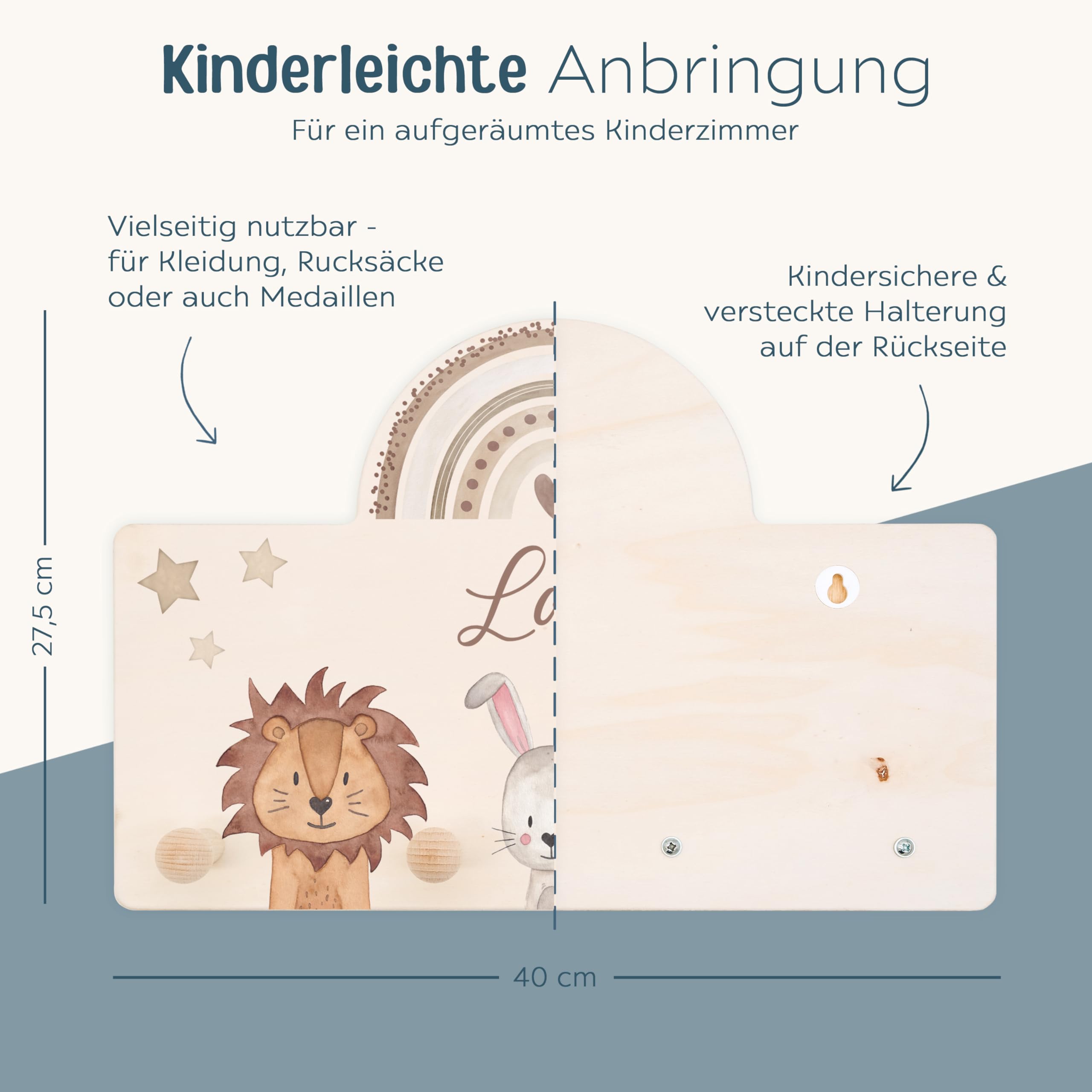 wunderwunsch® - Personalisierte Garderobe Kinder mit Spezial-Druck (inkl. 4 Haken)- Kinderzimmer Deko, Taufe Geschenk, Kindergeschenke, Geburt Geschenk (Tiere Regenbogen beige)