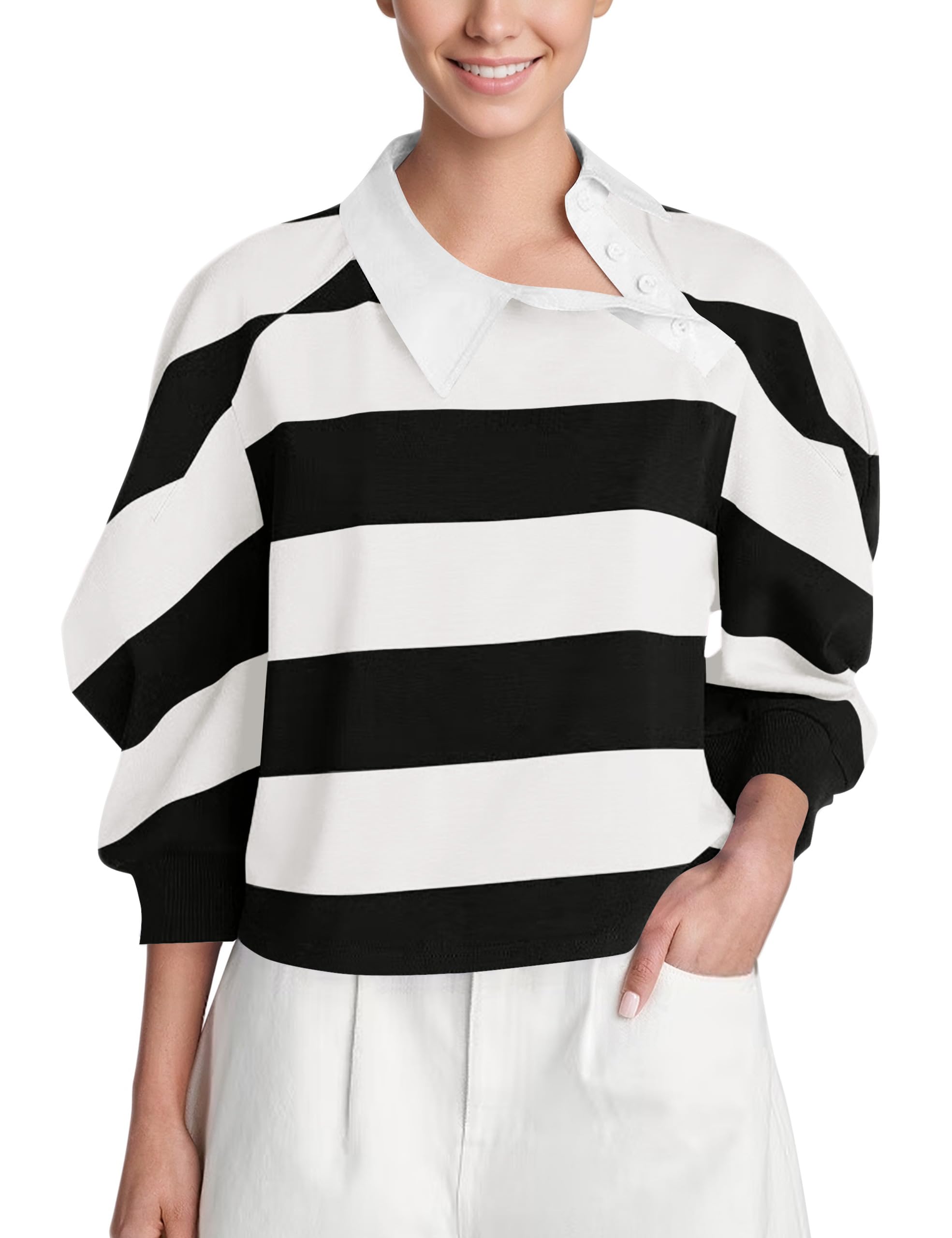 Striped Asymmetric Rugby Shirt Women Balloon Sleeve Polo Tshirts