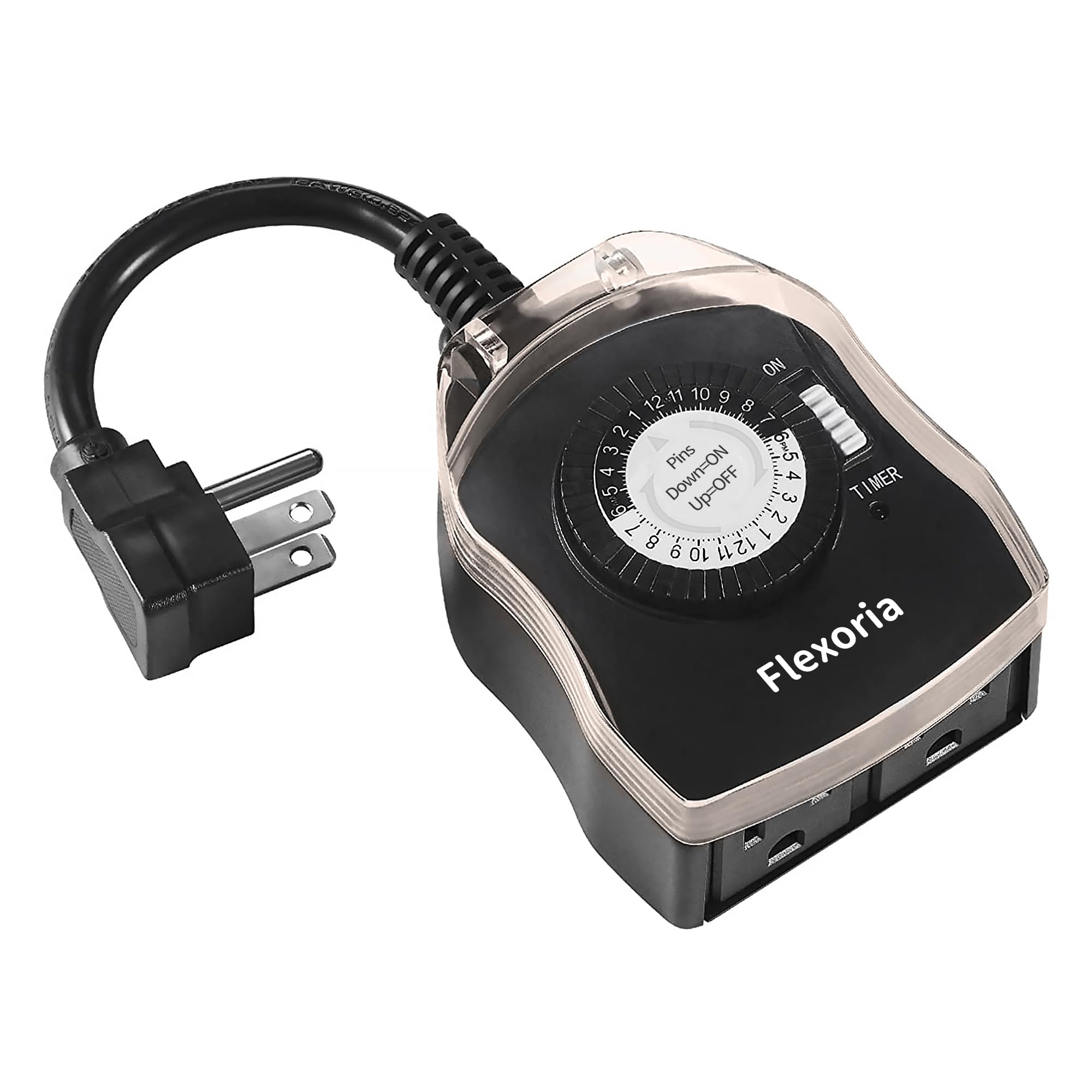 Flexoria Outdoor Timer Outlet Waterproof, 24 Hour Mechanical Plug in Light Timer, 2 Grounded Outlets for Halloween and Christmas Decorations, 15A 1/2 HP, ETL Listed