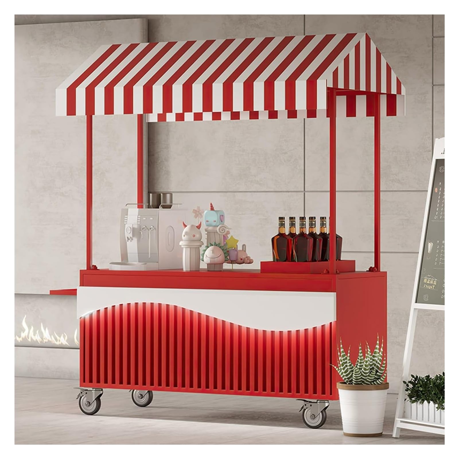 Carro móvil for Venta de Alimentos con Ruedas: Puesto de Mercado de Metal Resistente for refrigerios, Bebidas y Perritos Calientes(Red,140cm/55.1in)