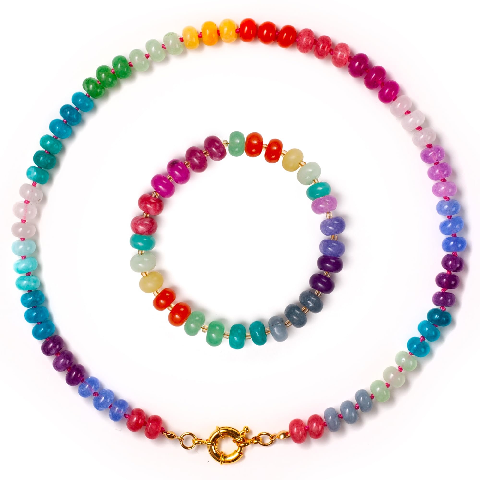 Collar con pulsera set para mujer, juego de joyas con gemas de colores, regalo para mujeres, cadena de perlas de piedras naturales auténticas hechas a mano, estilo boho, Kette 45cm