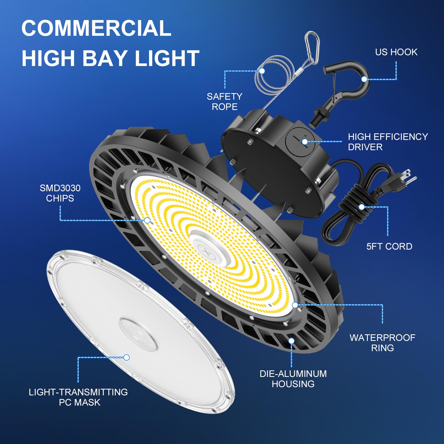 6 Pack UFO LED High Bay Light 240W 200W 150W Adjustable 5700K 5000K 4500K Dimmable DLC ETL LED — view 6