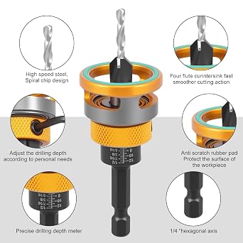 6 Pcs Countersink Drill Bit Set with Depth Stop HSS Drill Countersink with 1/4 Inch Hex Precision Drilling Tool for Wood Processing(Golden)