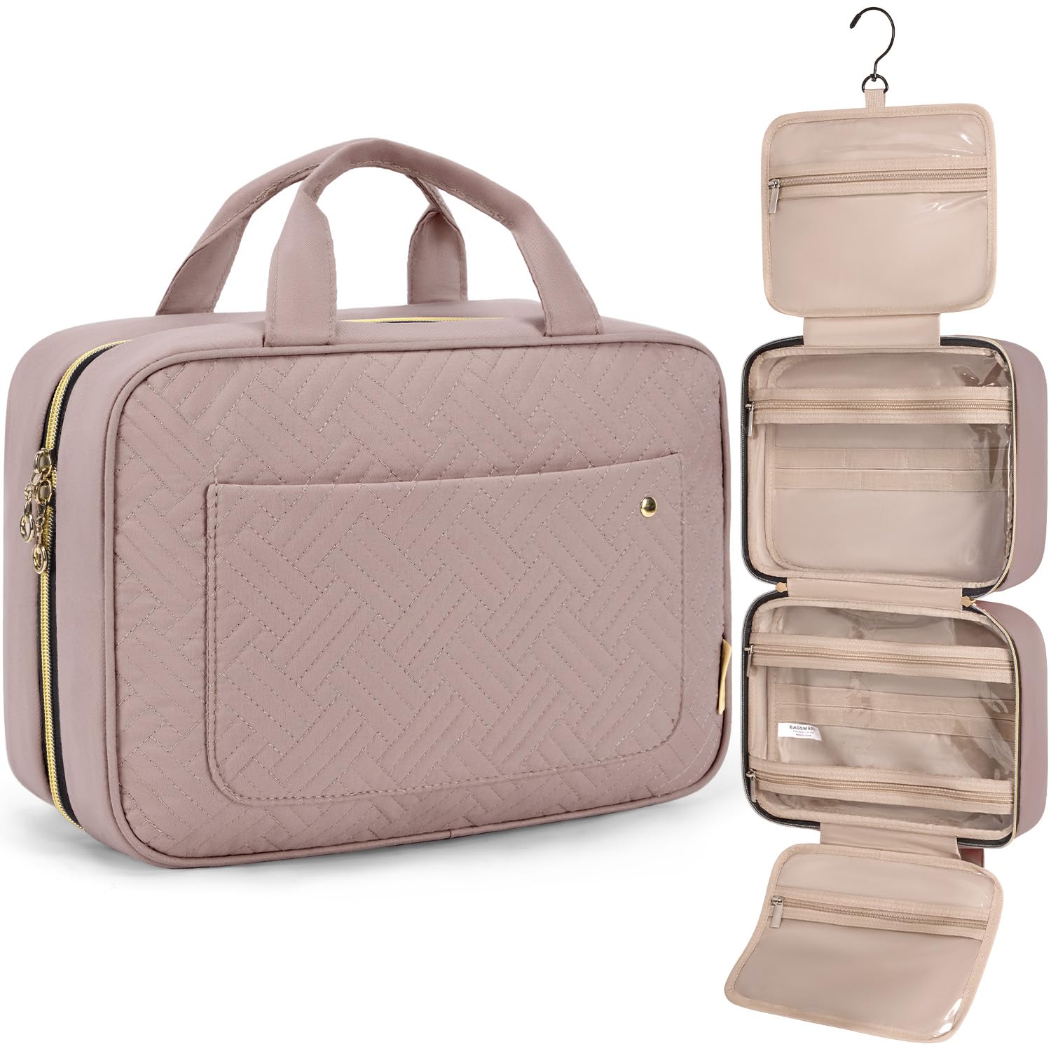BAGSMART Hanging Toiletry Bag Travel Large Capacity Wash Bag Womens Makeup Cosmetic Bag, Travel Accessories for Full Sized Container (Medium-Pink) — view 10