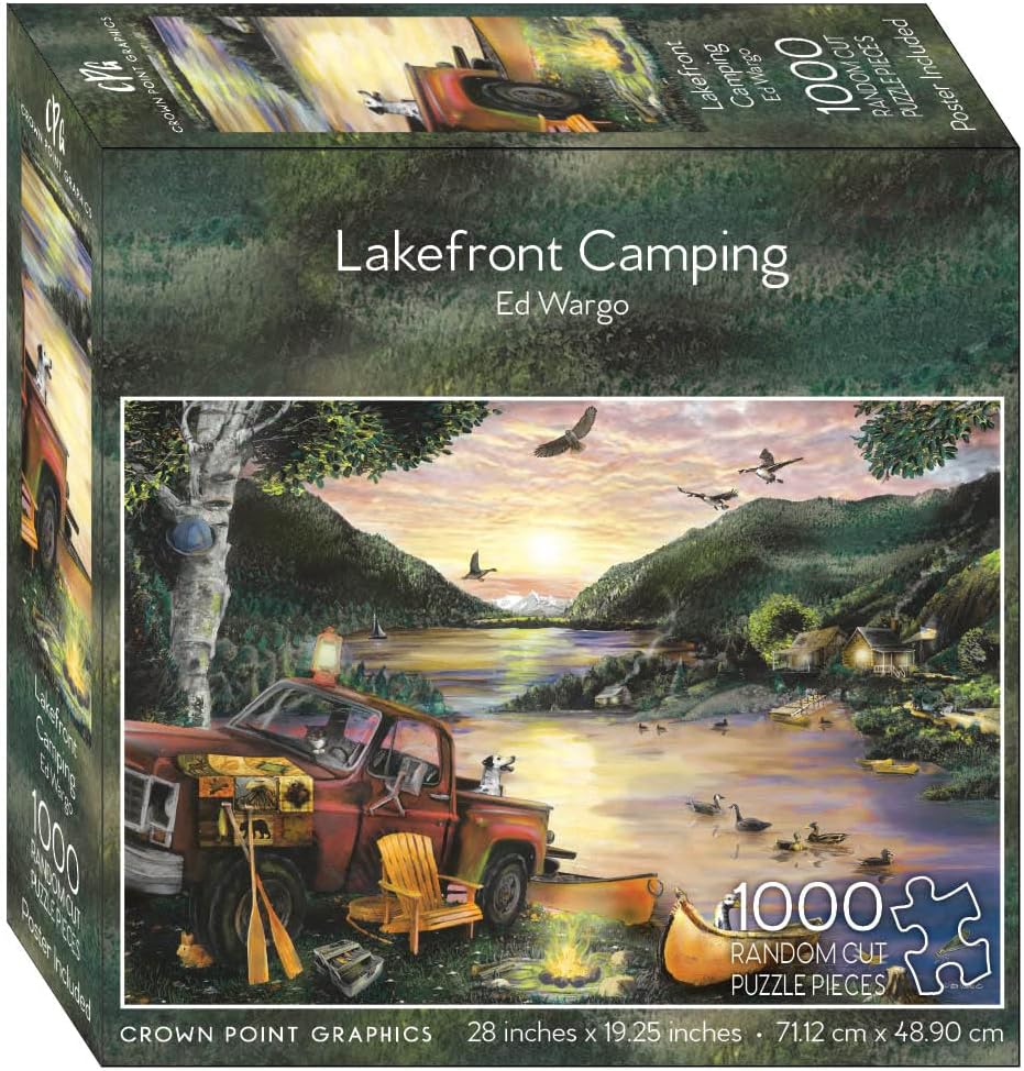 Crown Point Graphics Lakefront Camping Puzzle - 1000 Piece Jigsaw Puzzle for Adults - Lake Puzzle with Canoe and Sunset - Country Puzzle - Artist Ed Wargo