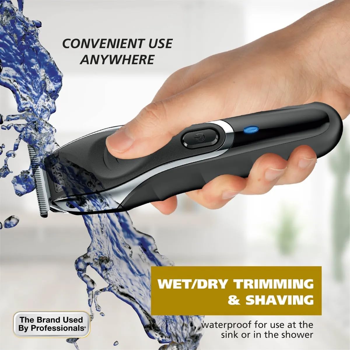 Wahl Manscaper Trimmer being used under running water, demonstrating wet/dry capability