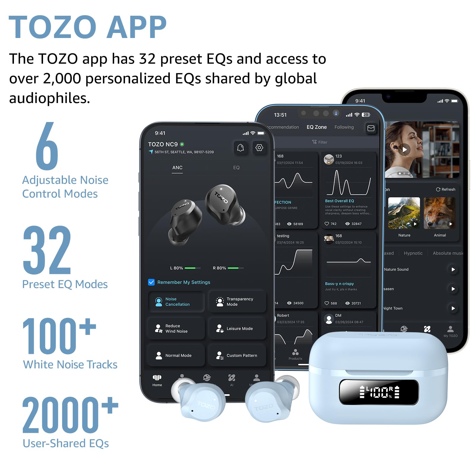TOZO NC9 Hybrid Active Noise Cancelling Wireless Earbuds, 60H, LED Display view 6