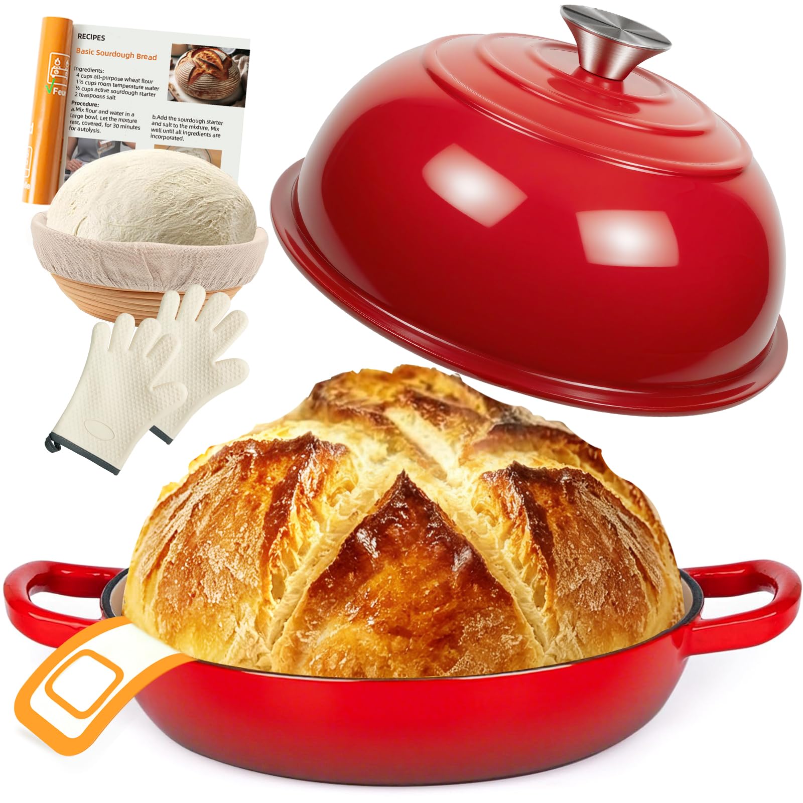 Gusseisen Topf Brot Backen,5,7L Bräter Emaille Schmortopf mit Deckel und Griffen,26 cm Dutch Oven,Brotbacktopf mit Gärkorb,Schmortopf Gusseisen Topf für Küche Backen Schmoren & Braten