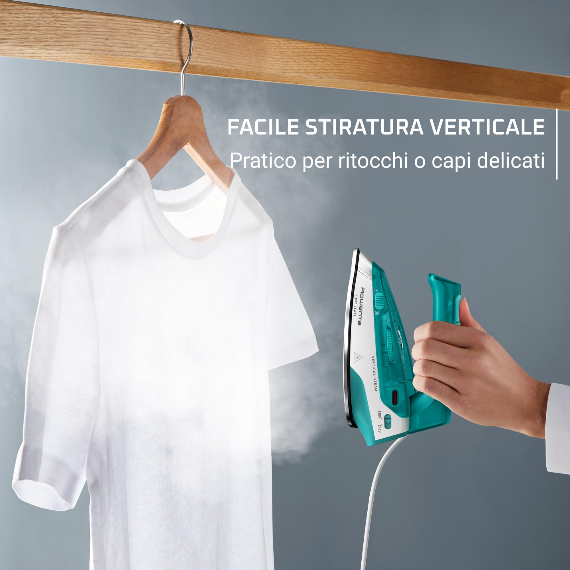 Rowenta First Class, Ferro da Stiro a Vapore da Viaggio, Riscaldamento Rapido e Stiratura Verticale, Ferro Pieghevole e Compatto, Bianco e Verde, DA1610