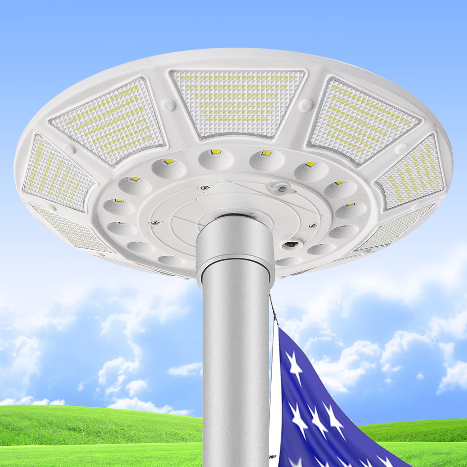 New 566 LED Solar Flag Pole Light with DC Charge Port, 6000Lm 10000mAh Battery,High-Capacity Chip for Long 20 Hours,Auto On/Off IP67 Waterproof 100% Flag Coverage for Most 15 to 25 Ft Flag Poles White