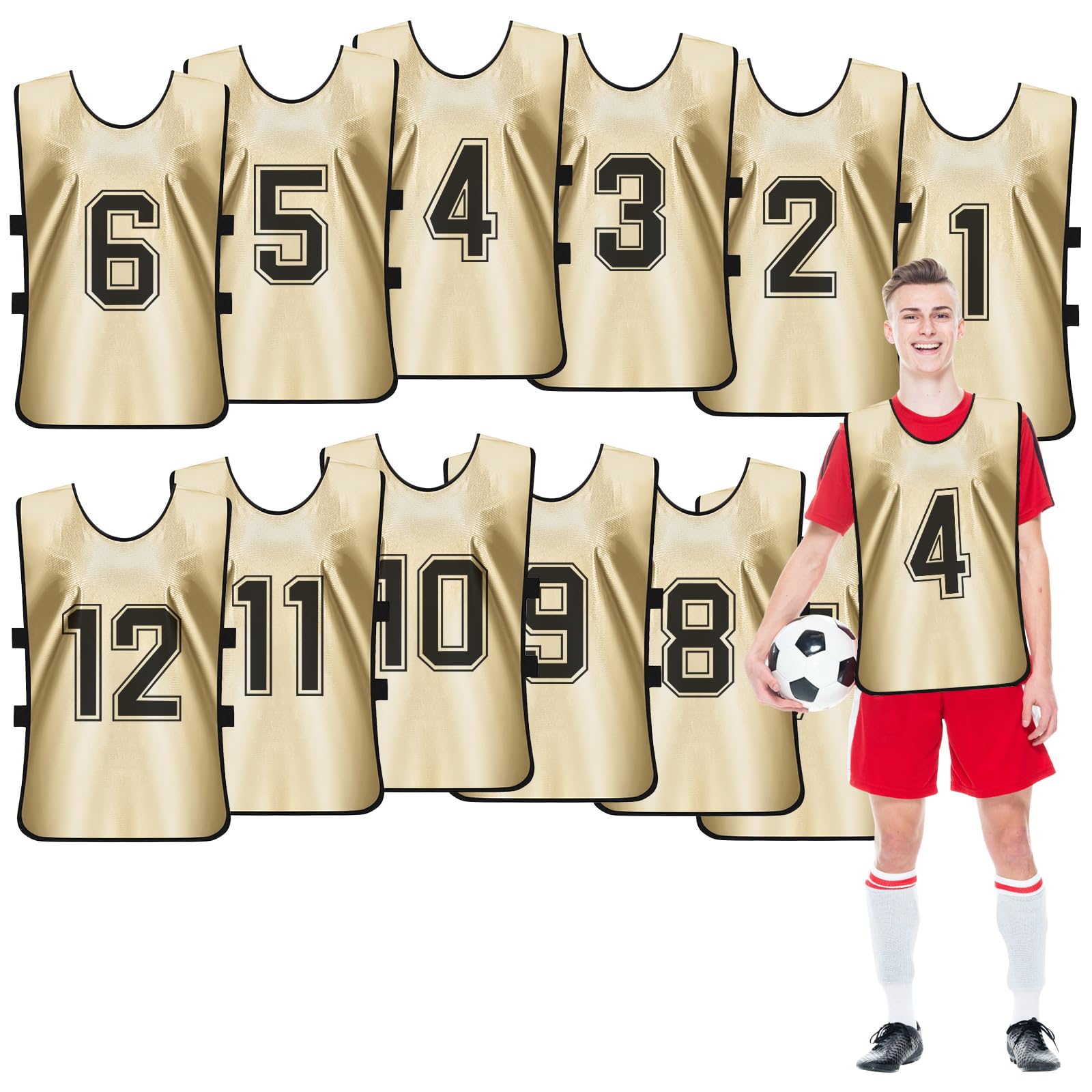 12 Pack Football Training Bibs, Numbered Scrimmage Vests for Adults & Youth, Breathable Quick Drying Sports Mesh Pinnies for Team Practice, Rugby, Basketball, Netball - X-Large, 70x47cm
