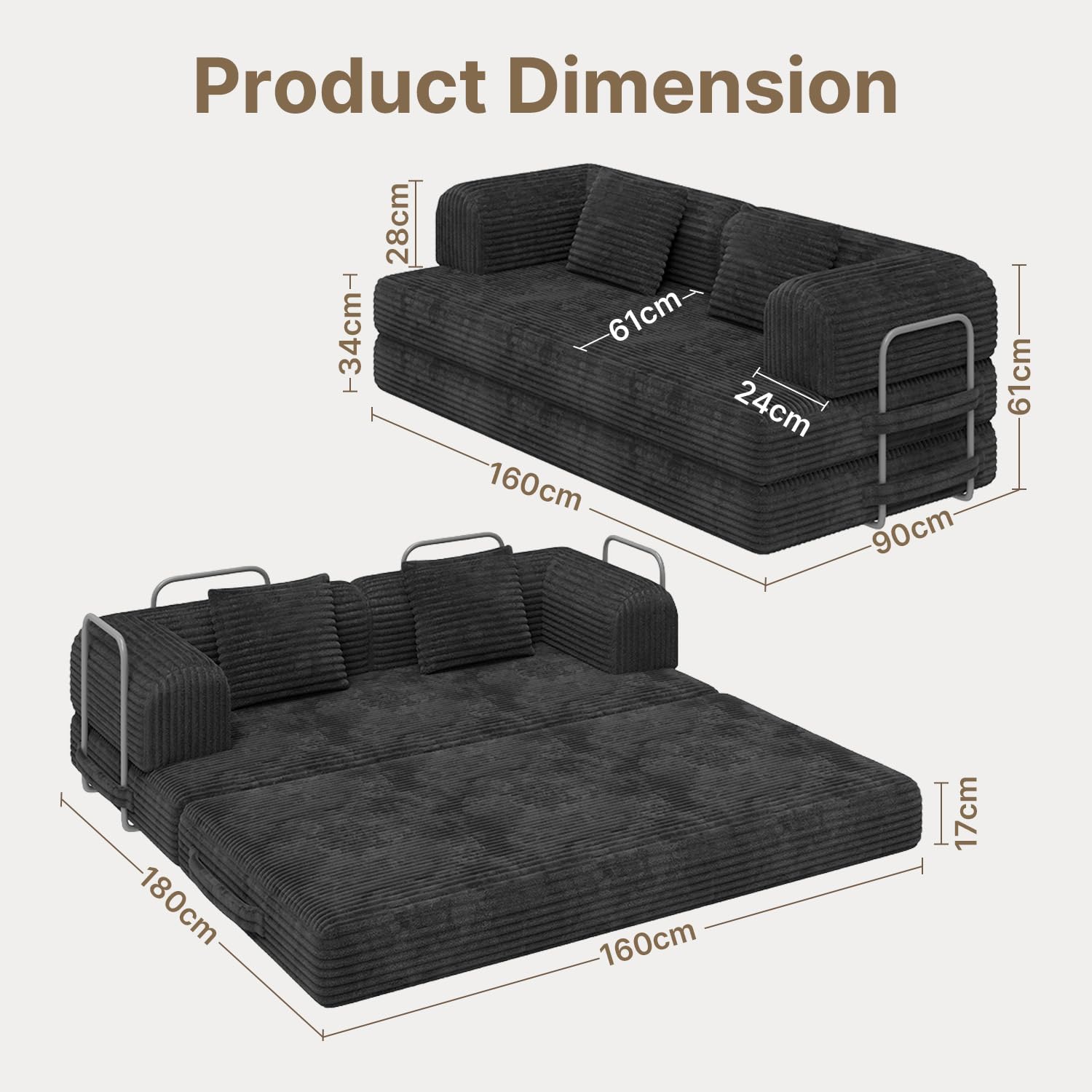 Xbro Divano Relax Modulare Compatto 2 Posti, Divano Letto Salvaspazio Basso in Schiuma ad Alta Resilienza per Monolocale, Soggiorno e Zona Lounge, 160 x 180 cm