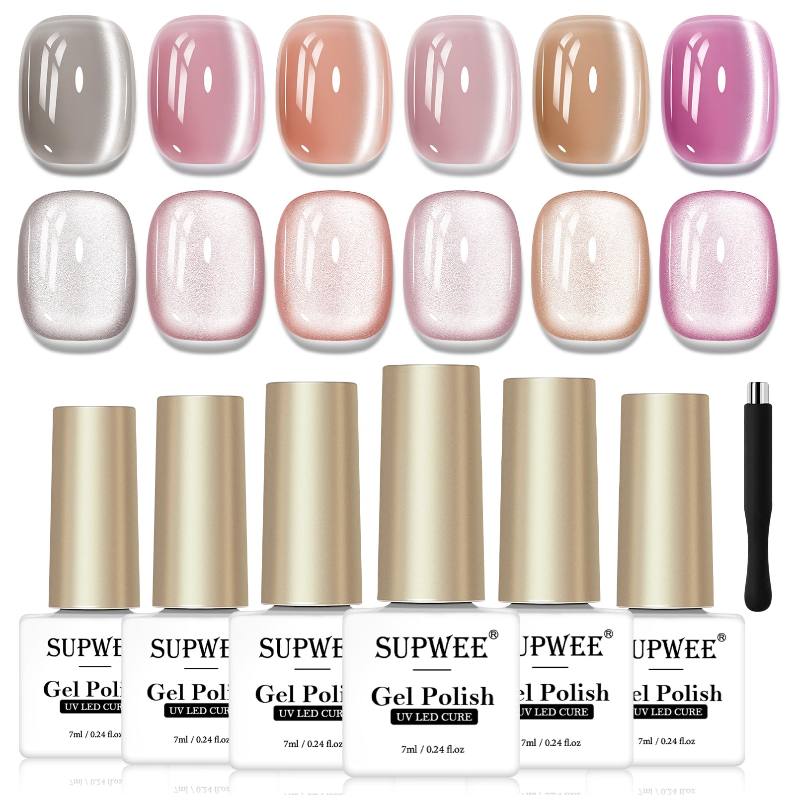 SUPWEE Cat Eye Gel Nail Polish Set Need U V Lamp Cured, 6 Colors Moonlight Glass Cateye Magnetic Gel Shimmer Glitter with Magnet Pink Purple Gray