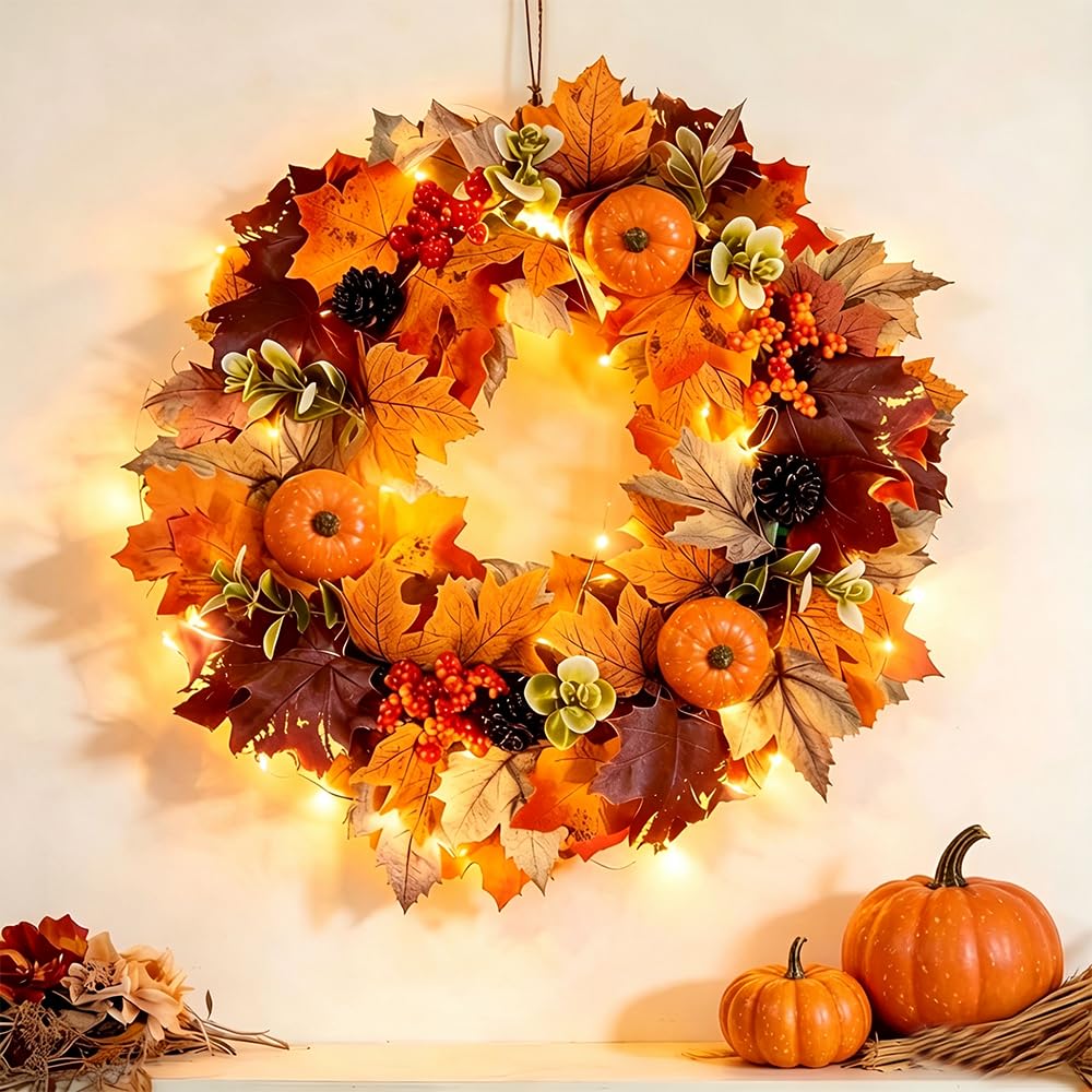 45CM Autumn Wreaths for Front Door, Halloween Artificial Autumn Wreath with LED Light and Hanger, Fall Wreath with Pumpkin Berries Maple Leaves for Halloween Decorations, Harvest Festival