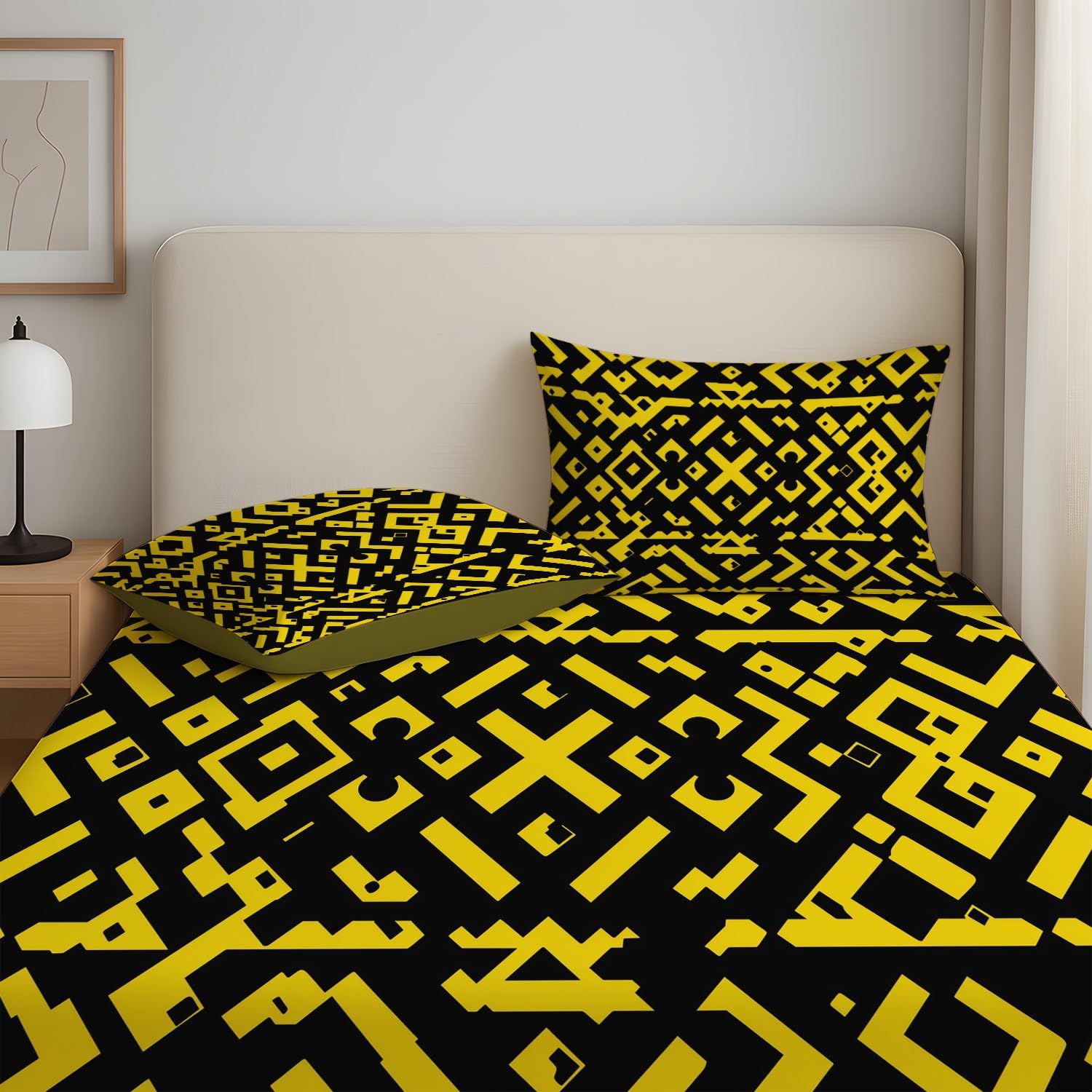 Nowoczesne geometryczne prześcieradło z gumką żywe żółte kwadratowe w kształcie litery X zestaw pościeli 30 cm głęboka kieszeń mikrofibra oddychające prześcieradło pojedyncze dla dzieci nastolatków