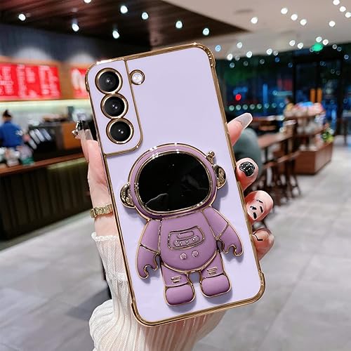 AIGOMARA 6D Plating Astronaut Hidden Stand Case Cover for Samsung Galaxy S22+ Plus 5G Women Astronaut Folding Bracket Kickstand iPhone Case with Camera Protector Soft TPU Shockproof Bumper - Purple