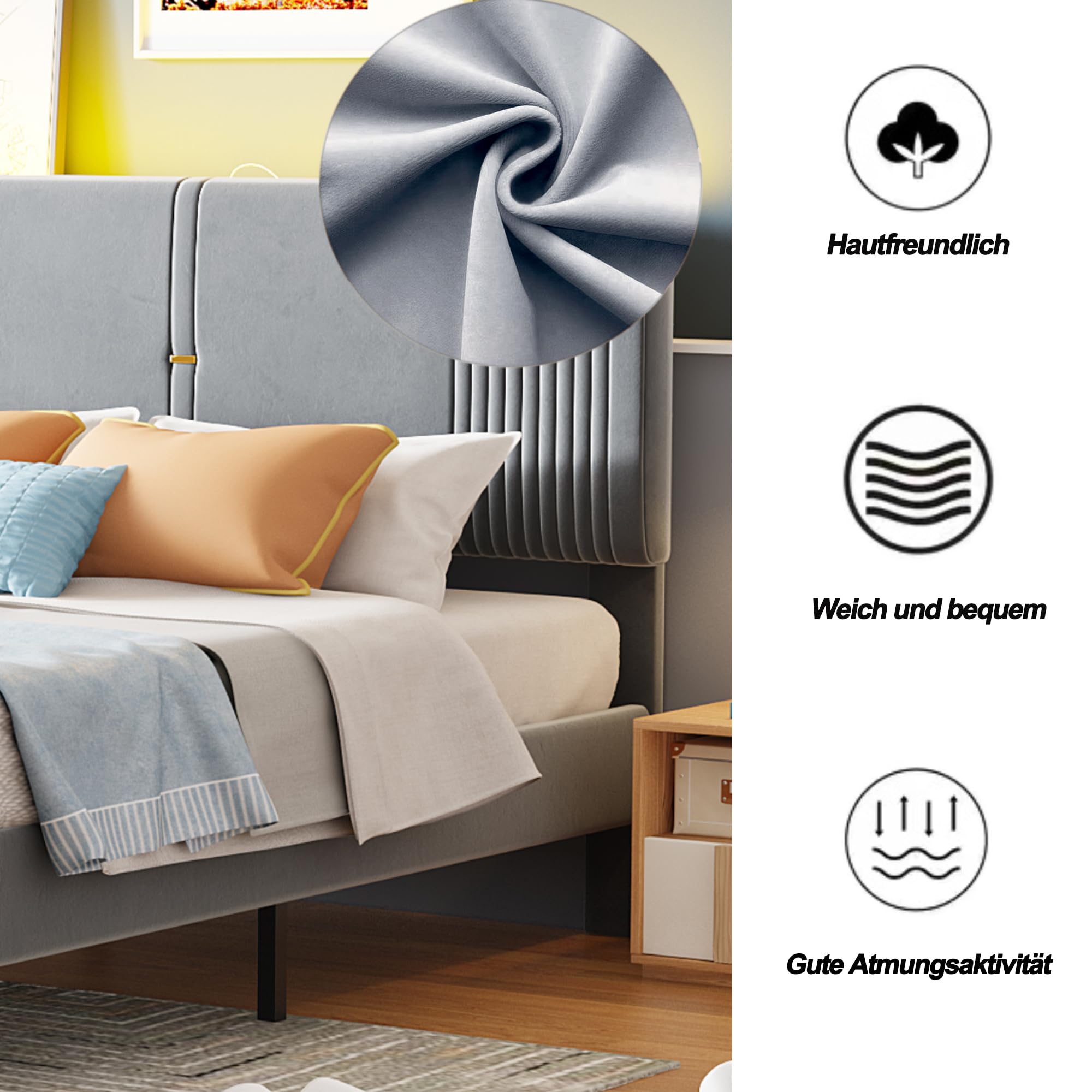 Letto Imbottito 140x200 Con Luci LED E USB - Letto Matrimoniale In Velluto Con Cassetto, Beige O Grigio - Foto 11