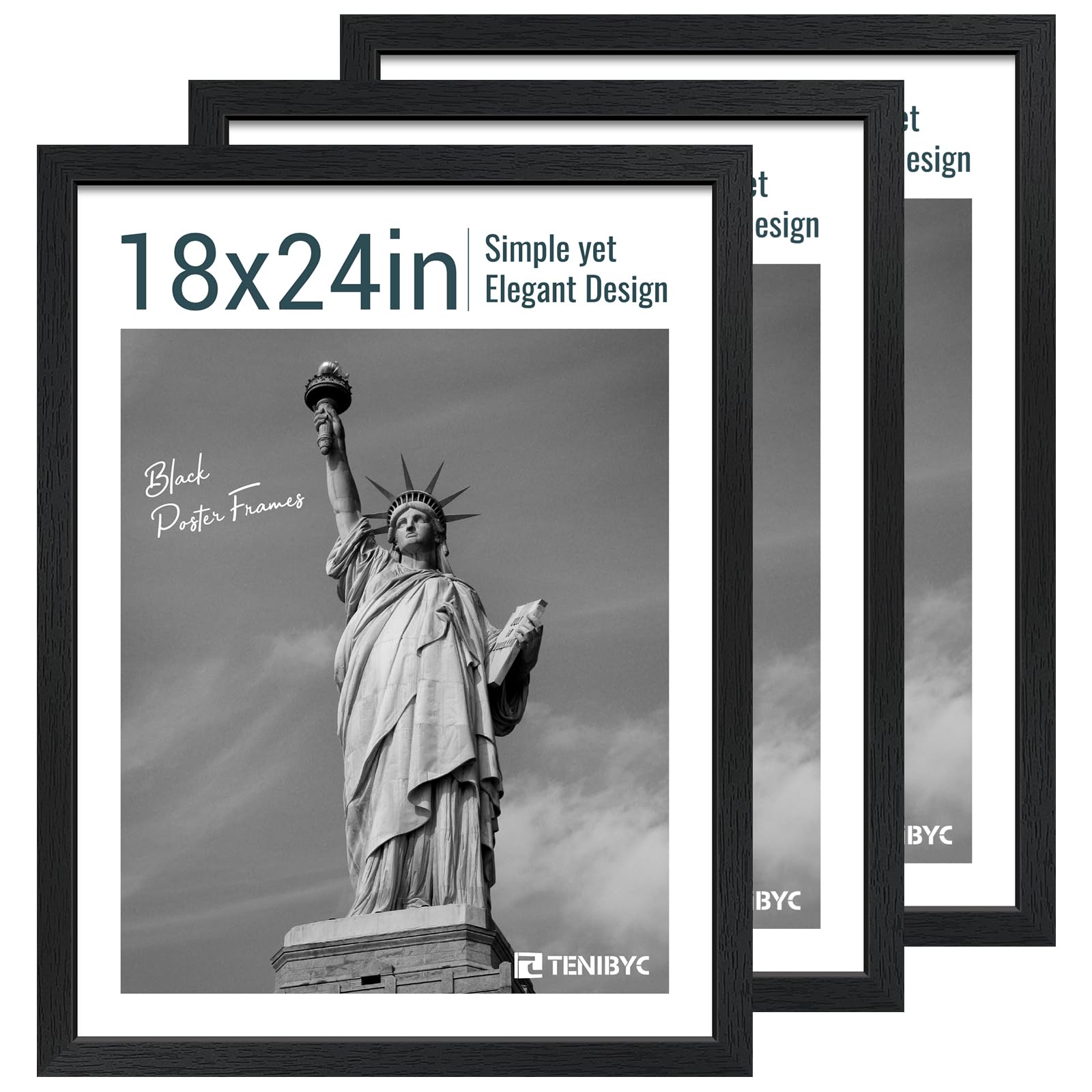 18x24 Poster Frame 3 Pack - Black Woodgrain Solid Wood Gallery Picture Frame - Wall Hanging