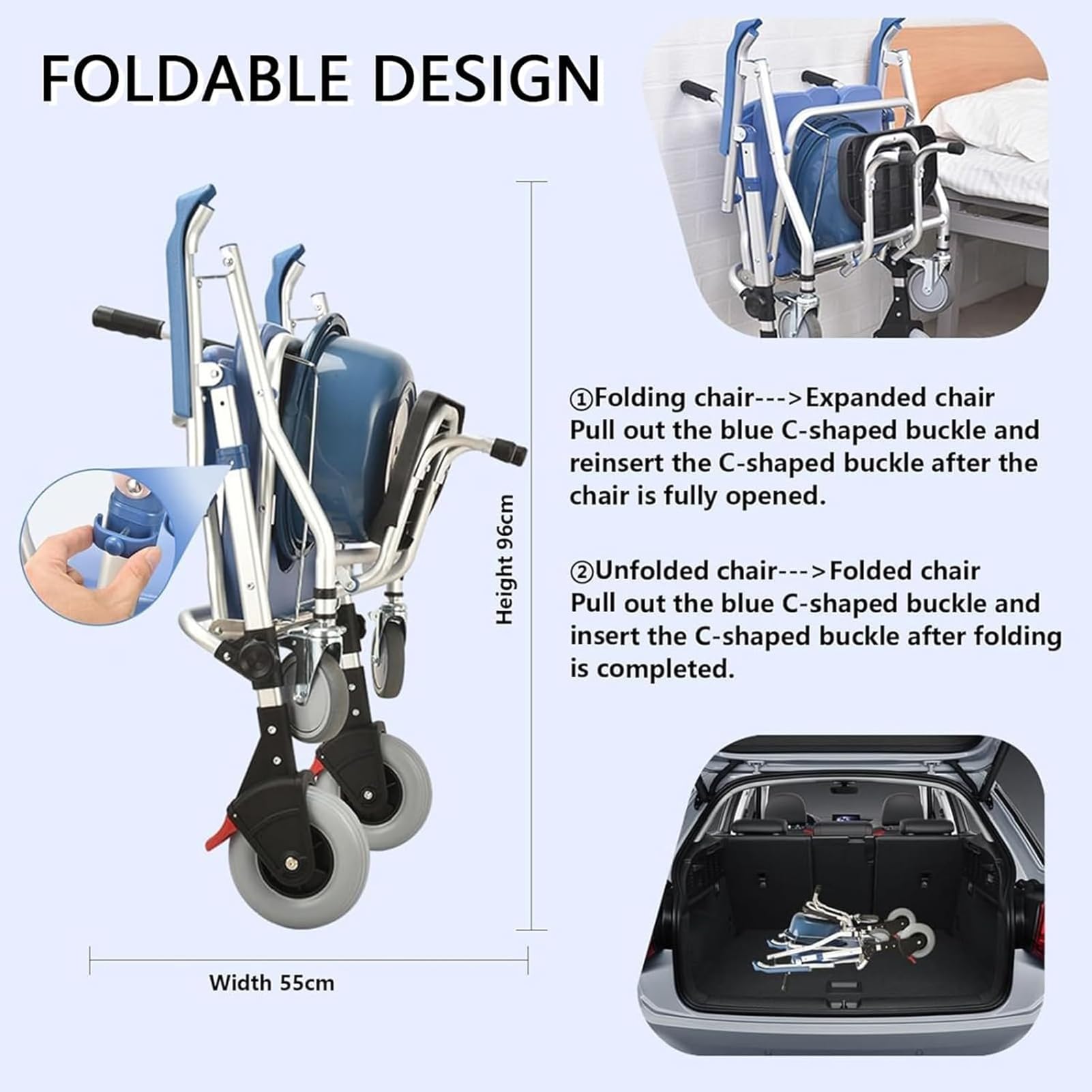 Sedia Da Doccia Con Rotelle, Sedia Doccia Per Anziani, Multifunzione Sedia a Rotelle Con Schienale Bracciolo E Secchio WC, Sedia Doccia Pieghevole Con Ruote Per Doccia Disabili