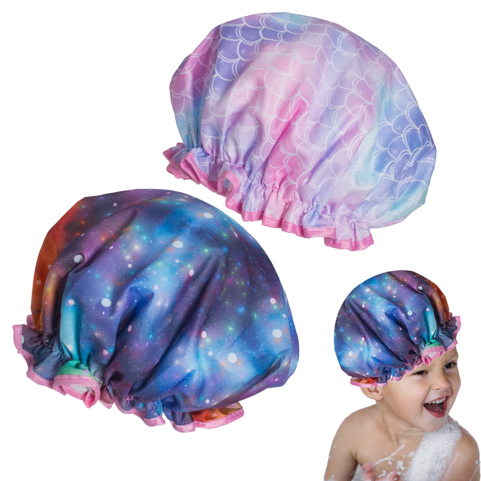 QeulyShower Cap for Kids, Pack Kids Shower Caps Reusable Double Layer  Waterproof Toddler Shower Cap, Elastic Band Kids Bonnets for Girls and Boys