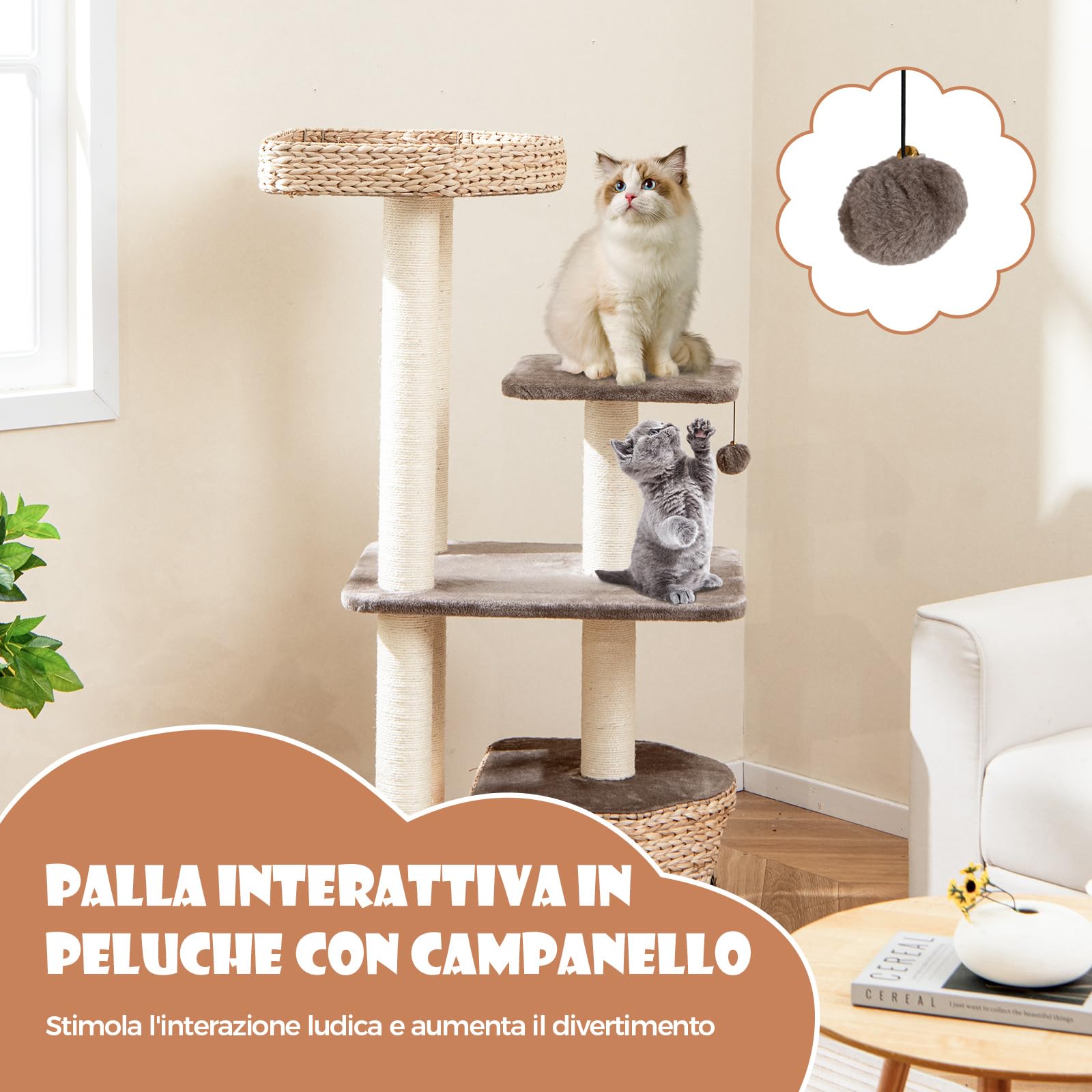 COSTWAY Tiragraffi 131cm con Sisal e Cuccia in Velluto