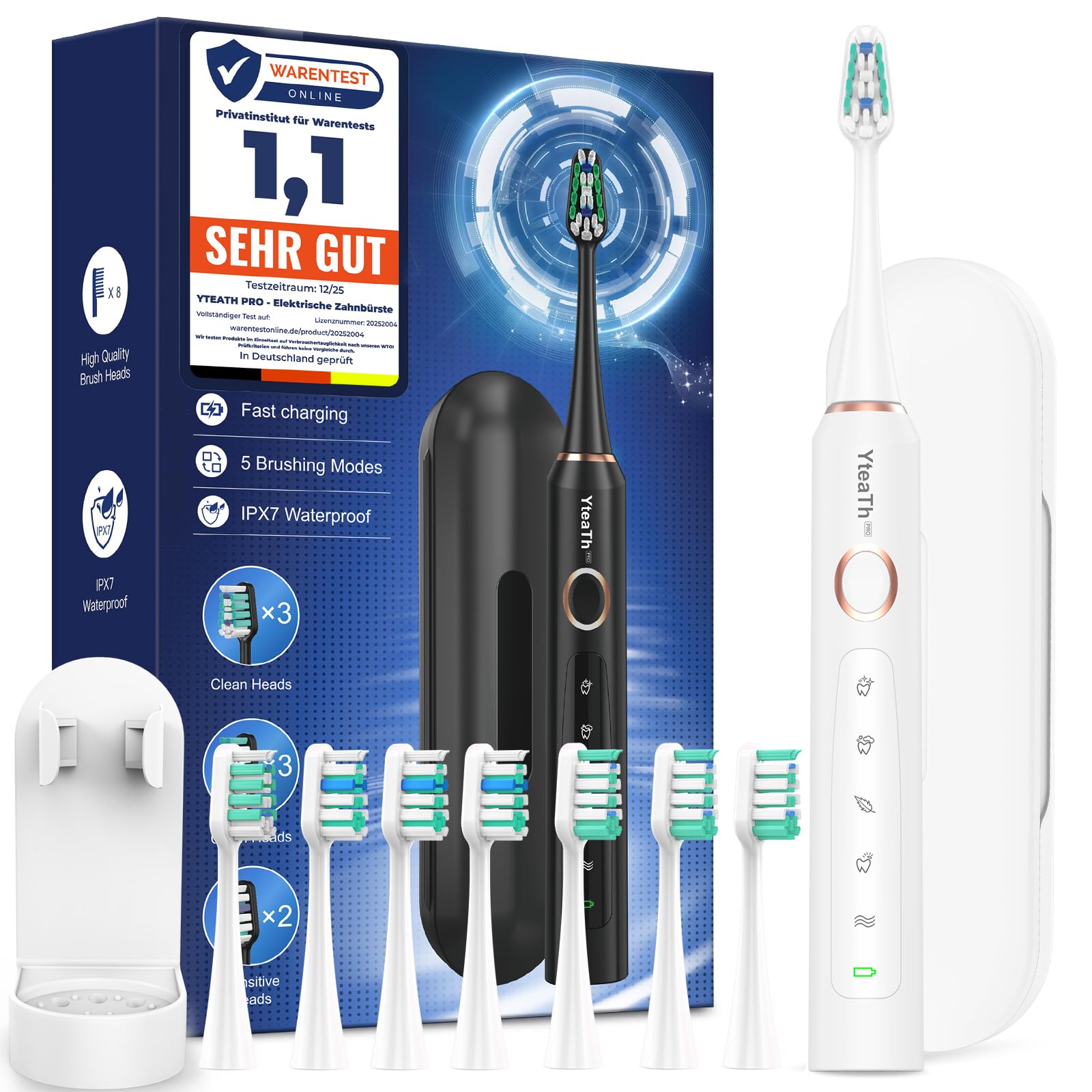 Cepillo de Dientes Eléctrico Sónico para Adultos - Cepillo Electrico Sónico con 8 Cabezales y Estuche de Viaje, 5 Modos, IPX7 Impermeable, Cepillo Dientes Electrico de Viaje Recargable, Negro — view 11