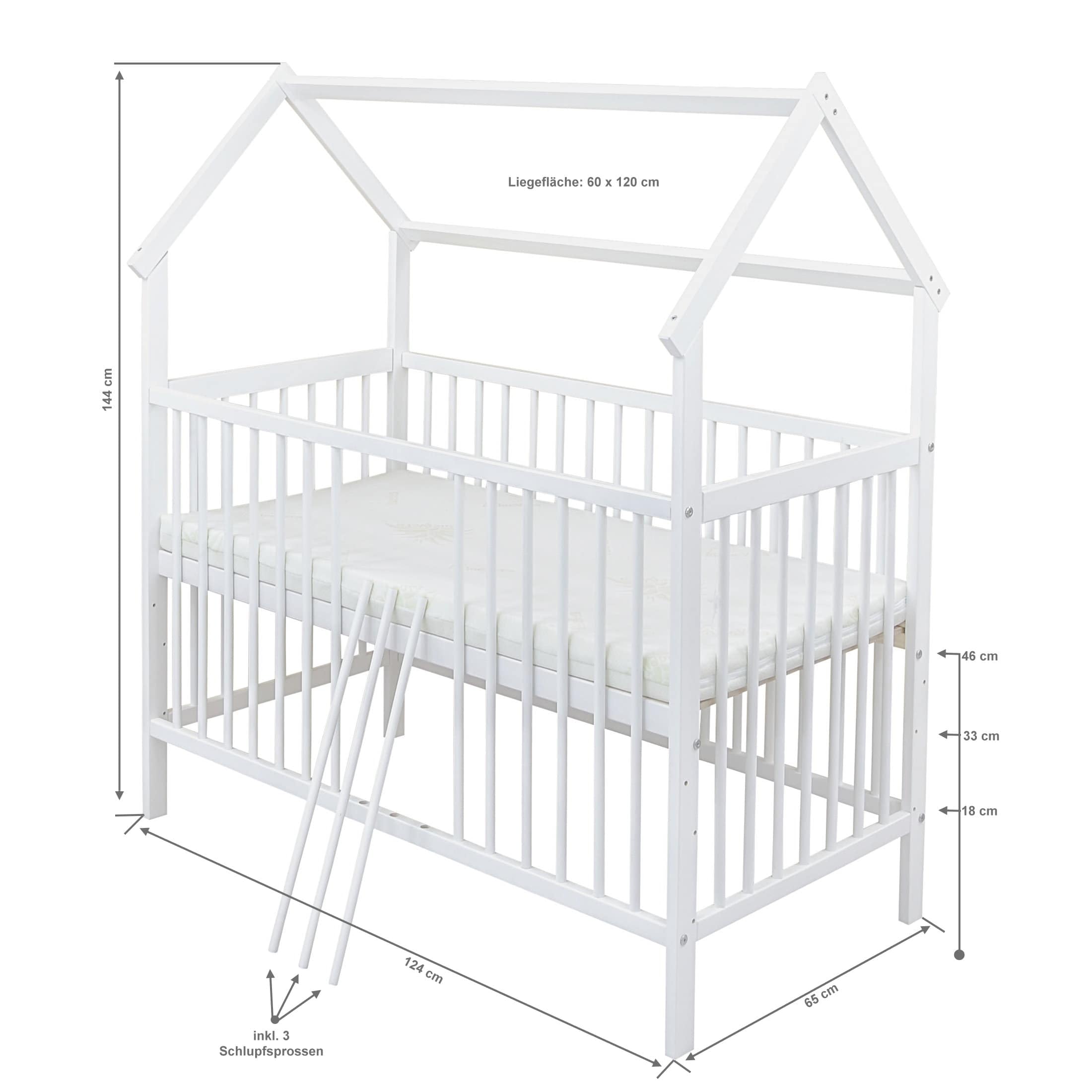 Generisch Baby Delux Babybett Komplett Set Hausbett 60x120 cm weiß Rausfallschutz Kinderbett Matratze Bettwäsche Deko Set (Musselin Himmel, Rosa Musselin Waffelpique)