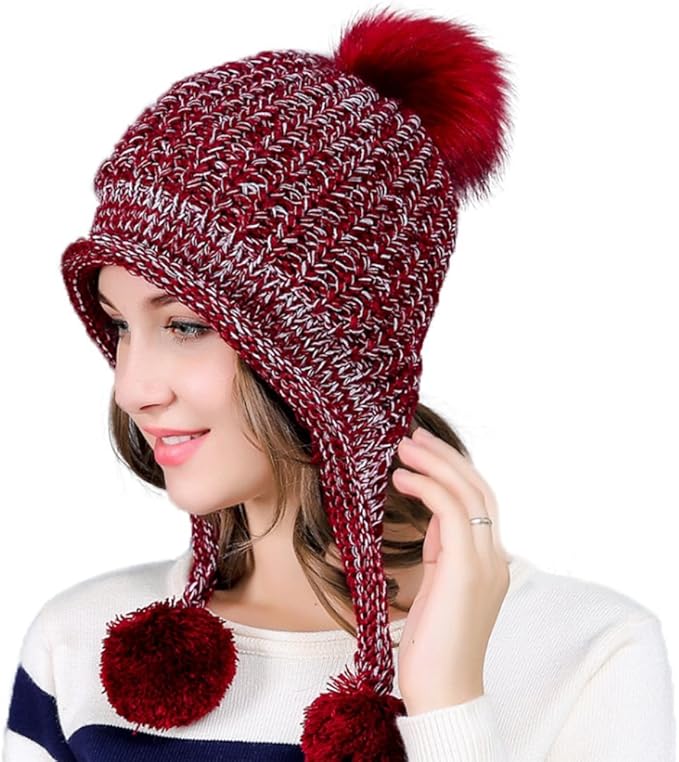 Amazon ニット帽 レディース ポンポン 大きいサイズ 耳あて付 手編み かわいい 秋冬 スキー スノボ 防寒 雪山 ケーブル編み おしゃれ 小顔効果 A ニット 通販