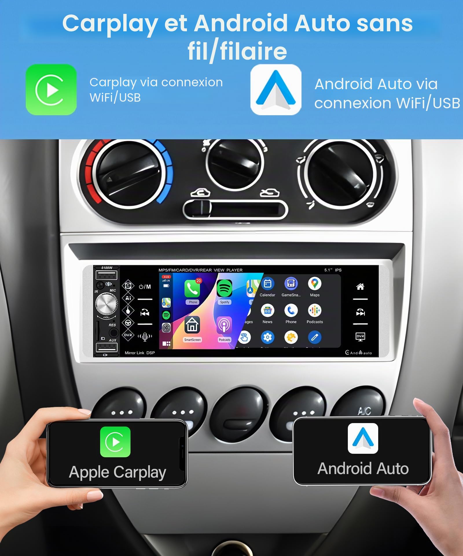 Rimoody Autoradio 1 Din sans Fil Carplay Android Auto, écran Tactile HD 5,1 Pouces avec Bluetooth Mirror Link FM/AM/RDS/EQ/AUX/TF/U Disk Commande au Volant Caméra Recul Microphone