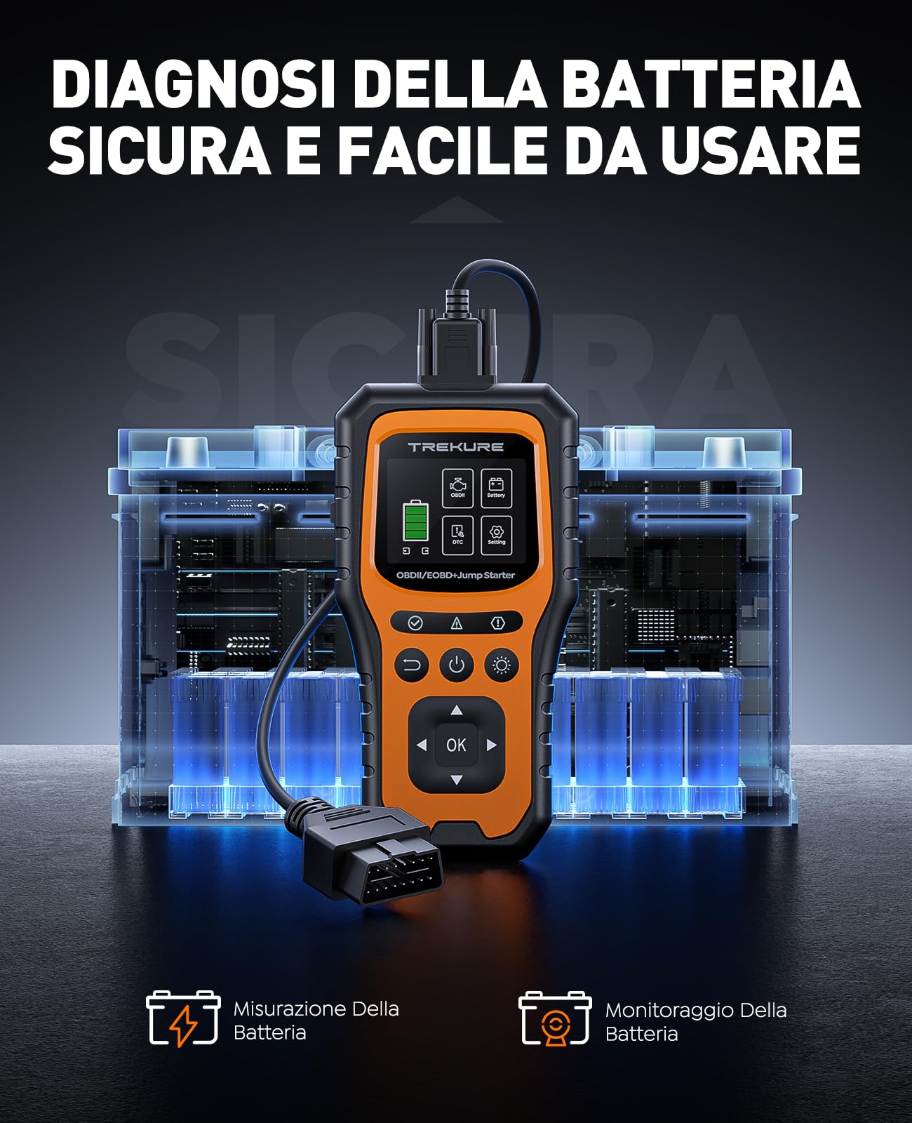 TREKURE Booster Avviamento Auto con OBD2 Diagnostica, 7000A Avviatore Di Emergenza (Tutti Gas o 10L Diesel), Portatile 12V Avviatore Batteria Auto con LED, OBDII, Tester Batteria, Power Bank