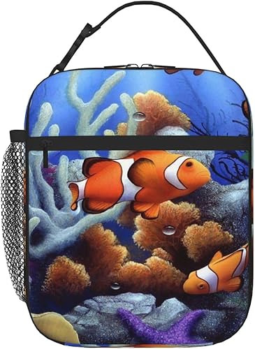 Lonchera con bolsillo lateral, bolsa suave aislada con diseño de peces payaso de dibujos animados, bolsa de almuerzo térmica para picnic de trabajo